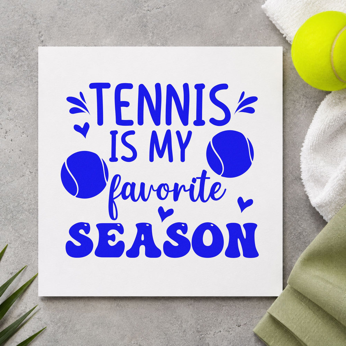 Tennis My Favorite Season craft stamp imprinted in blue ink on paper, a design suited to framed club entry.