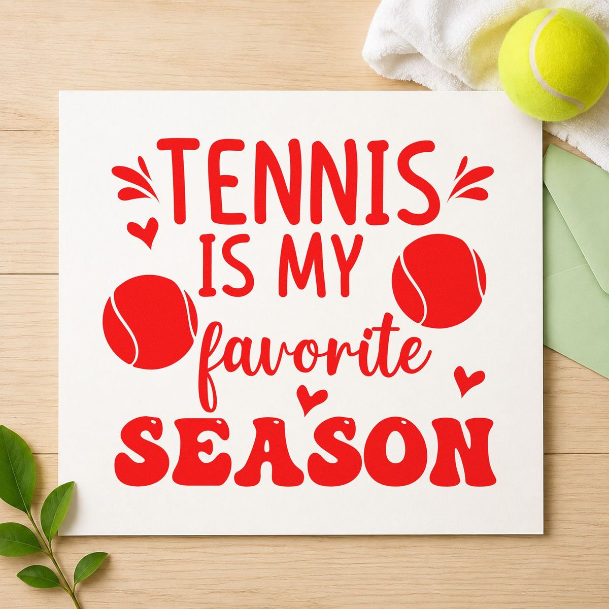 Tennis My Favorite Season craft stamp imprint in red ink on a handmade project, one idea being season info cards.
