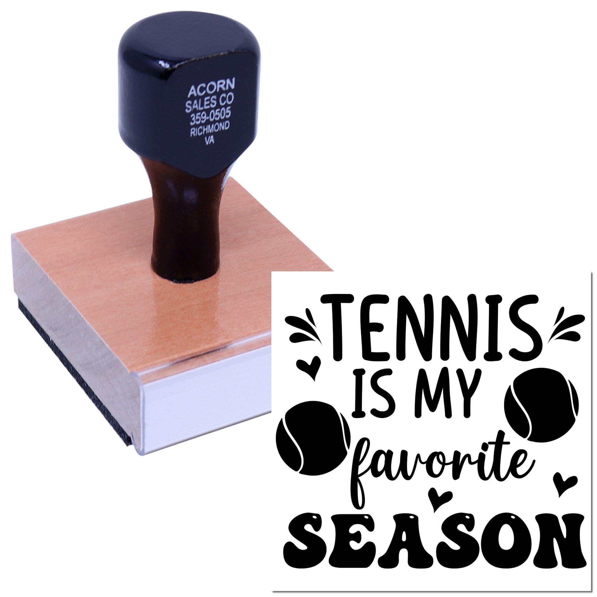 Custom tennis-themed rubber stamp on wooden block for cards, crafts, and gifts with "Tennis Is My Favorite Season" design.