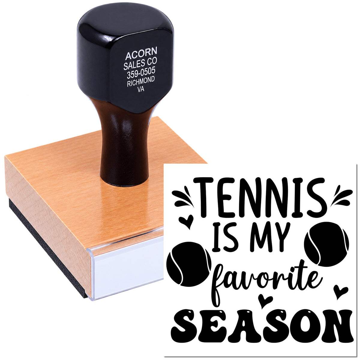 Custom tennis-themed rubber stamp on wooden block for cards, crafts, and gifts with "Tennis Is My Favorite Season" design.