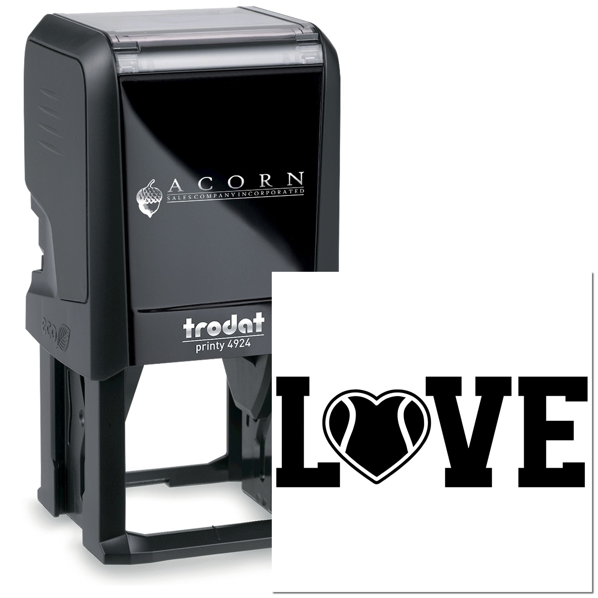 Trodat self-inking rubber stamp with LOVE heart design for custom wedding, craft, or scrapbooking projects.