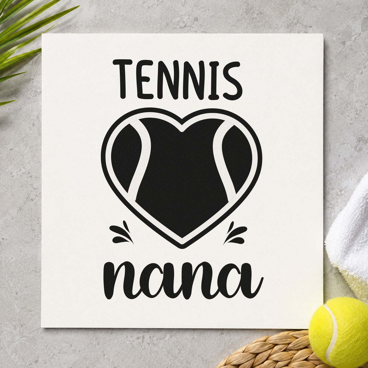 Tennis Nana Heart Ball craft stamp in black ink on cardstock, an easy option for baking album page.