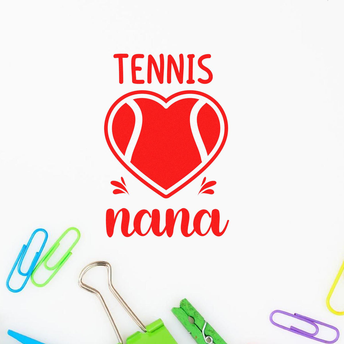 Tennis Nana rubber stamp design with heart-shaped tennis ball, perfect for personalized tennis gifts and craft projects.