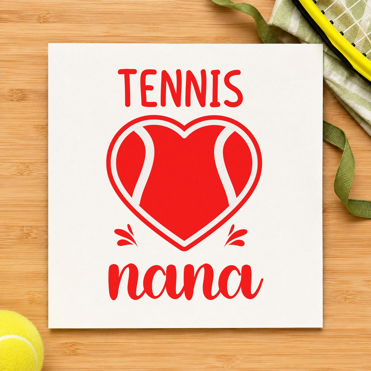 Tennis Nana Heart Ball rubber stamp shown in red ink, stamped for projects such as jar ingredient labels.