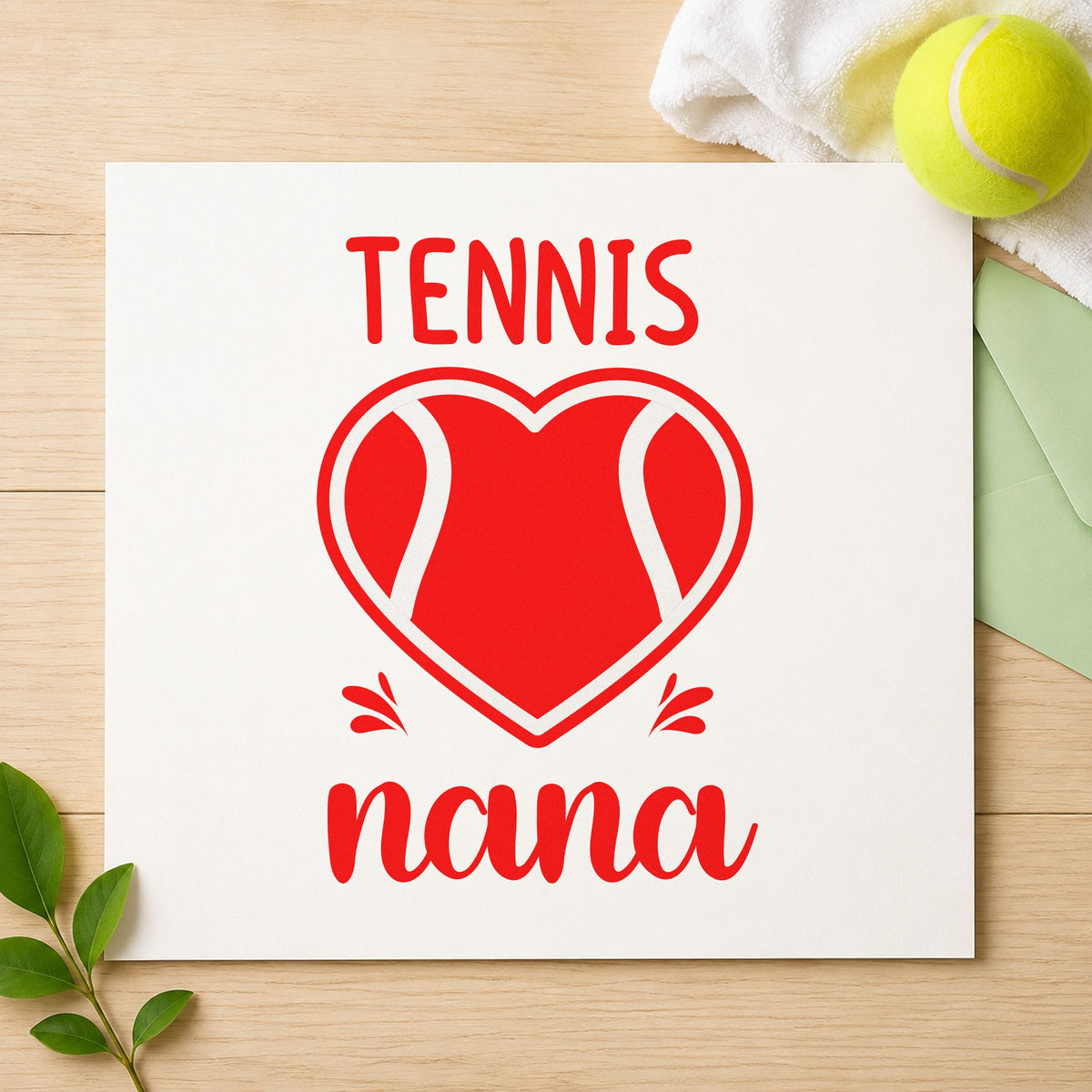 Tennis Nana Heart Ball craft stamp imprint in red ink on a handmade project, one idea being recipe copy cards.