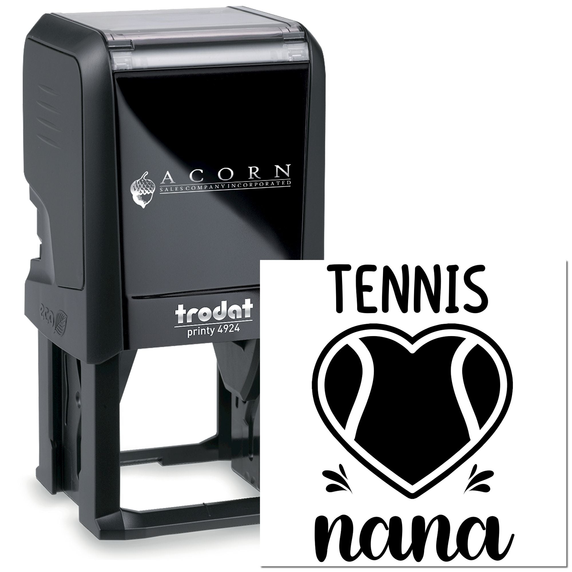 Self-inking Trodat custom rubber stamp with Tennis Nana heart design for personalized tennis gifts, crafts, and mail