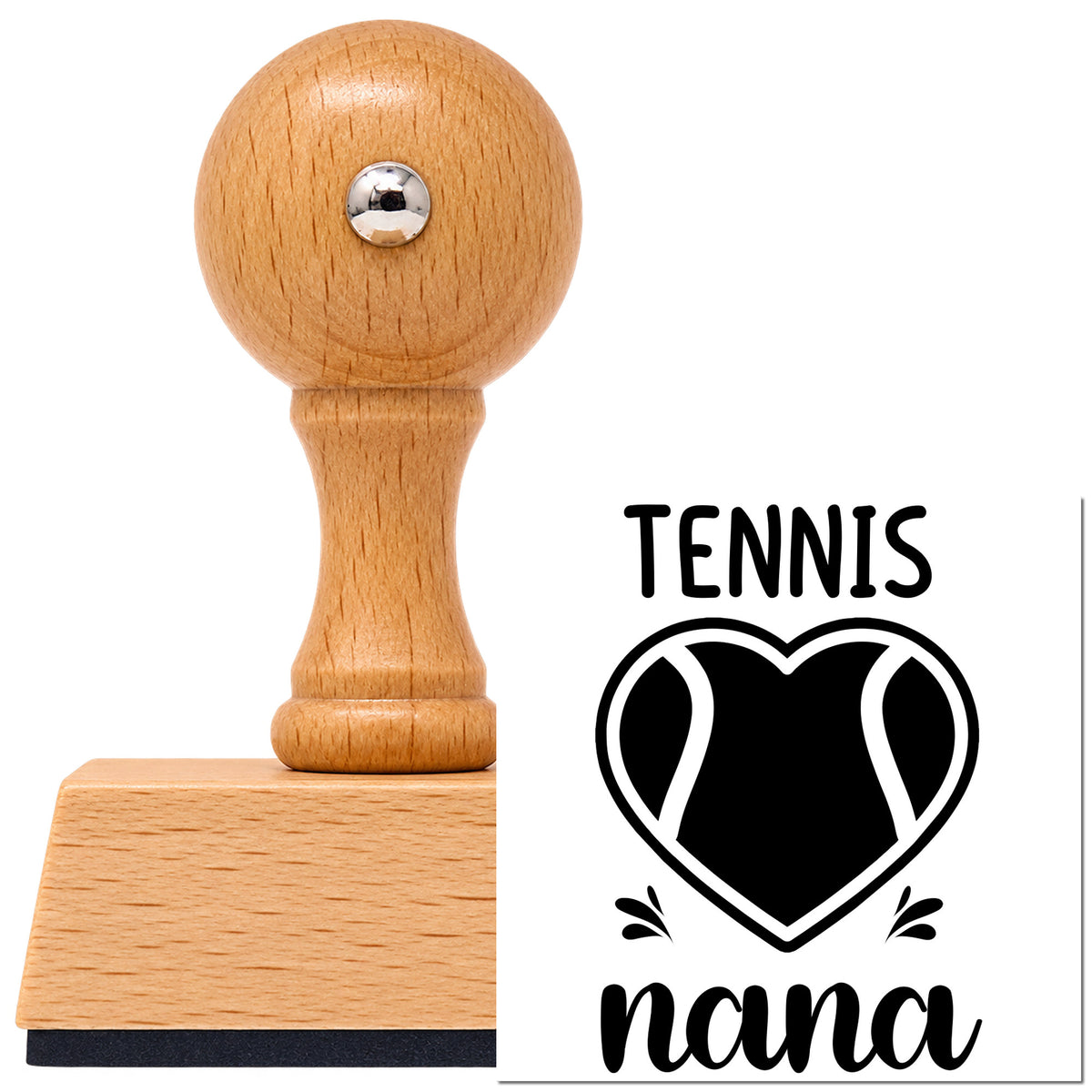 Nana Tennis Heart Lettering Vintage Pro rubber stamp in European beech wood with a round knob handle, shown beside its black imprint.