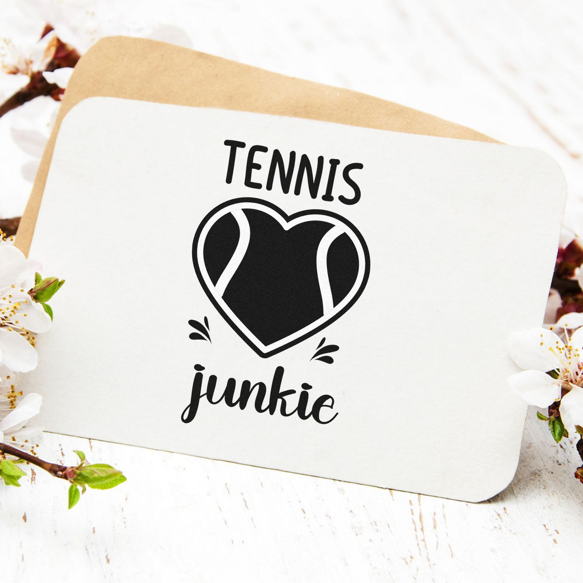 Tennis junkie rubber stamp with heart tennis design for sports fans, scrapbooking, and custom gift packaging.