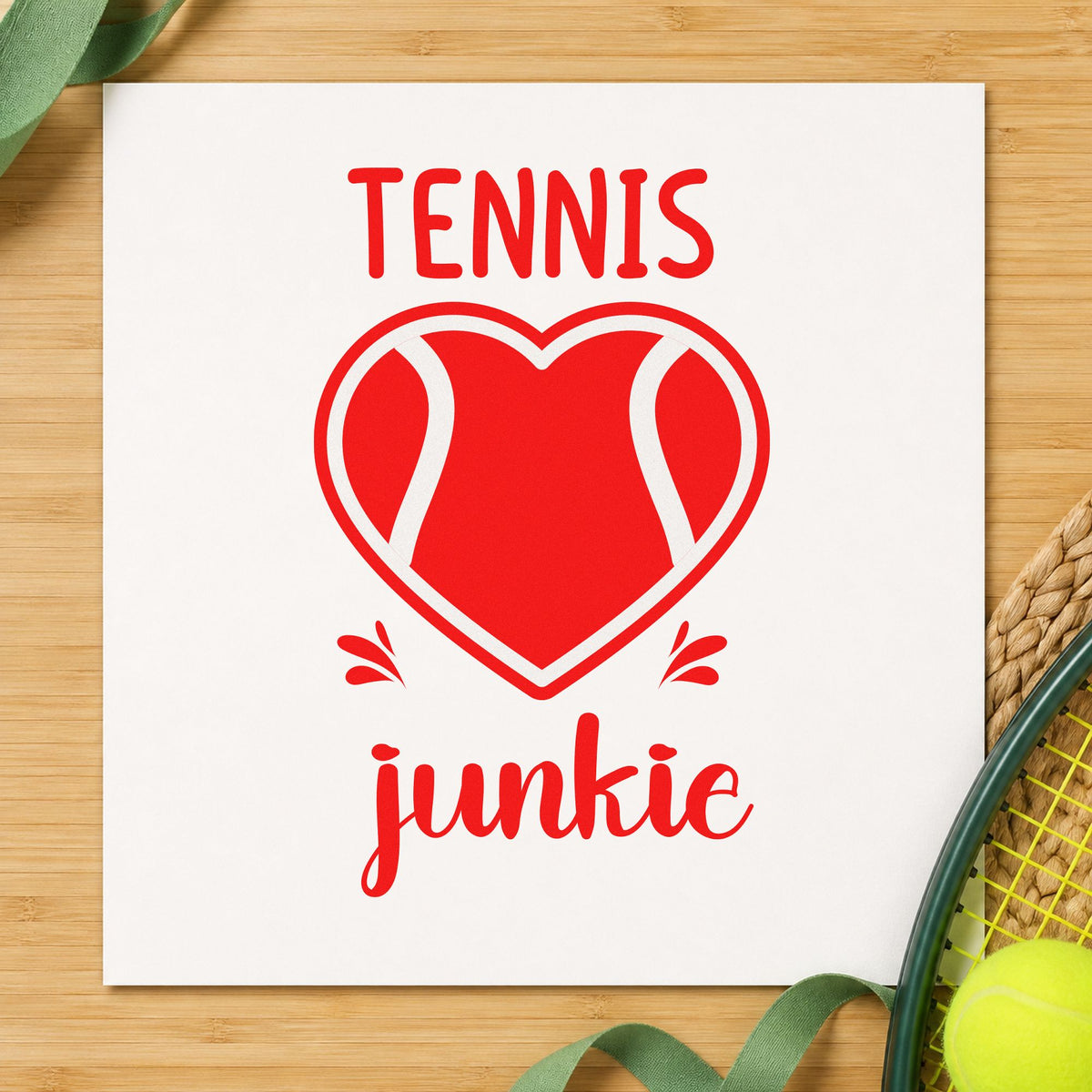 Tennis Junkie Heart Ball rubber stamp shown in red ink, stamped for projects such as bin cone labels.