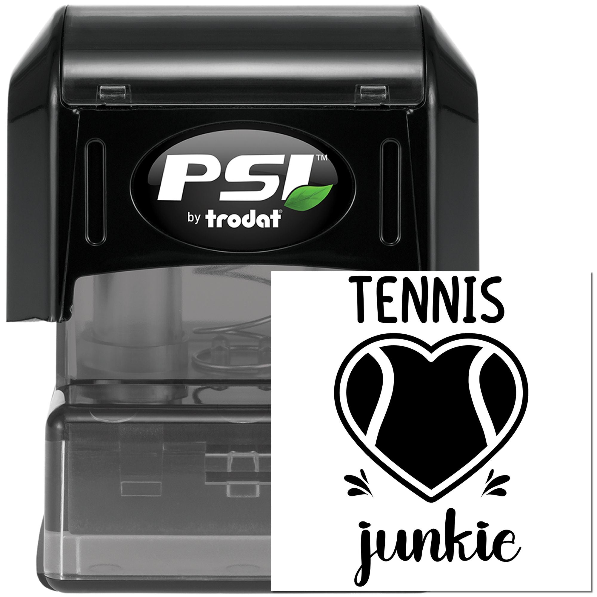 PSI by Trodat self-inking custom rubber stamp with Tennis Junkie heart design for personalized sports crafts