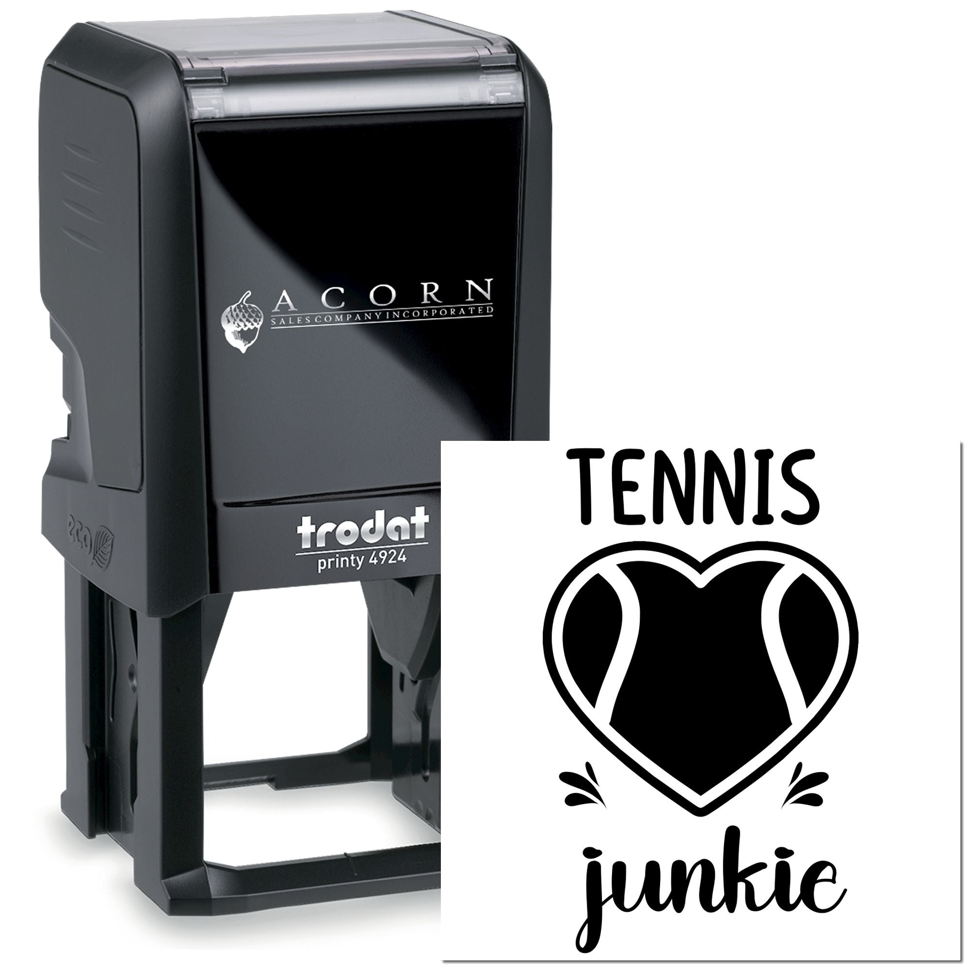 Self-inking rubber stamp with Tennis Junkie heart design for personalized sports-themed branding.