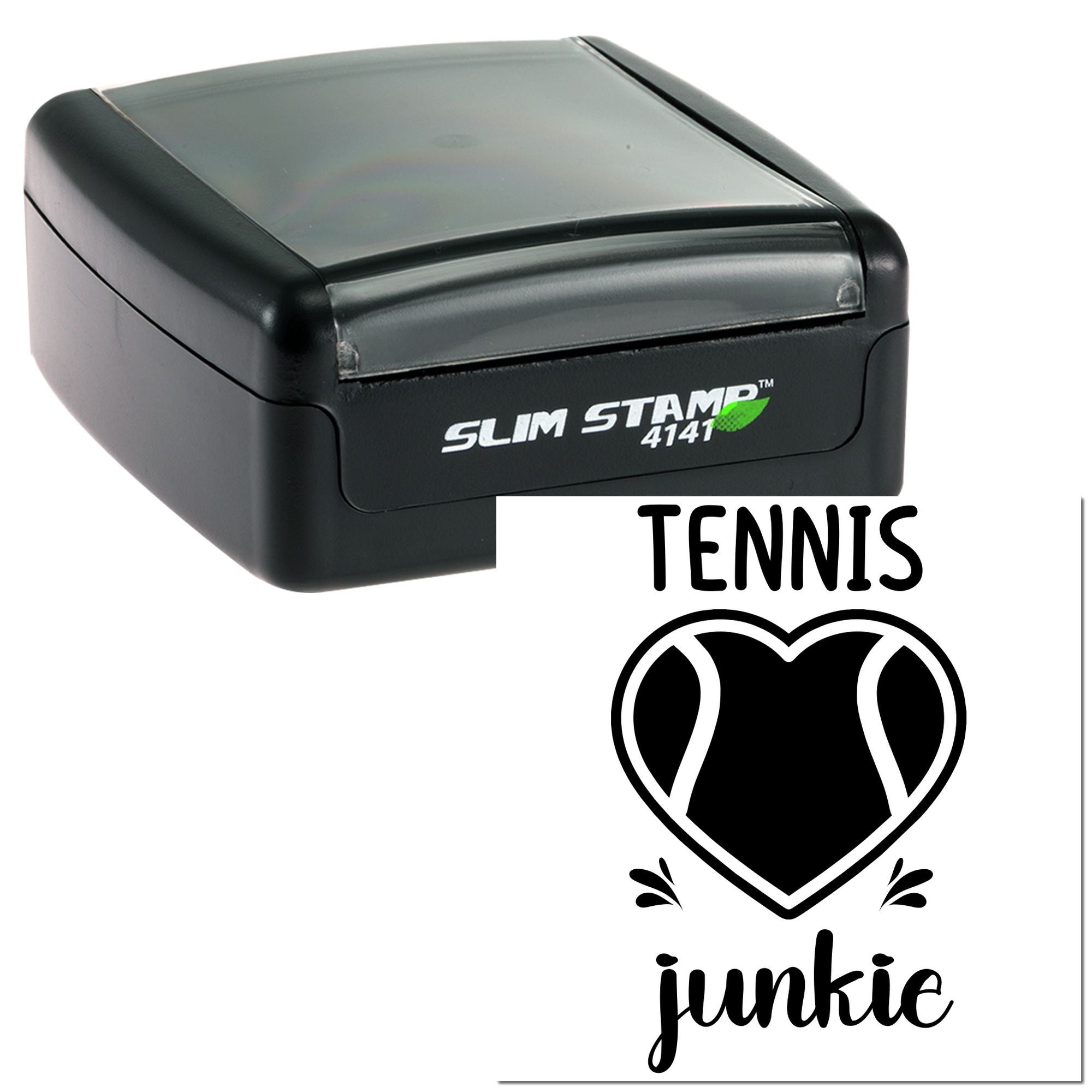 Custom self-inking rubber stamp with Tennis Junkie heart design for tennis lovers
