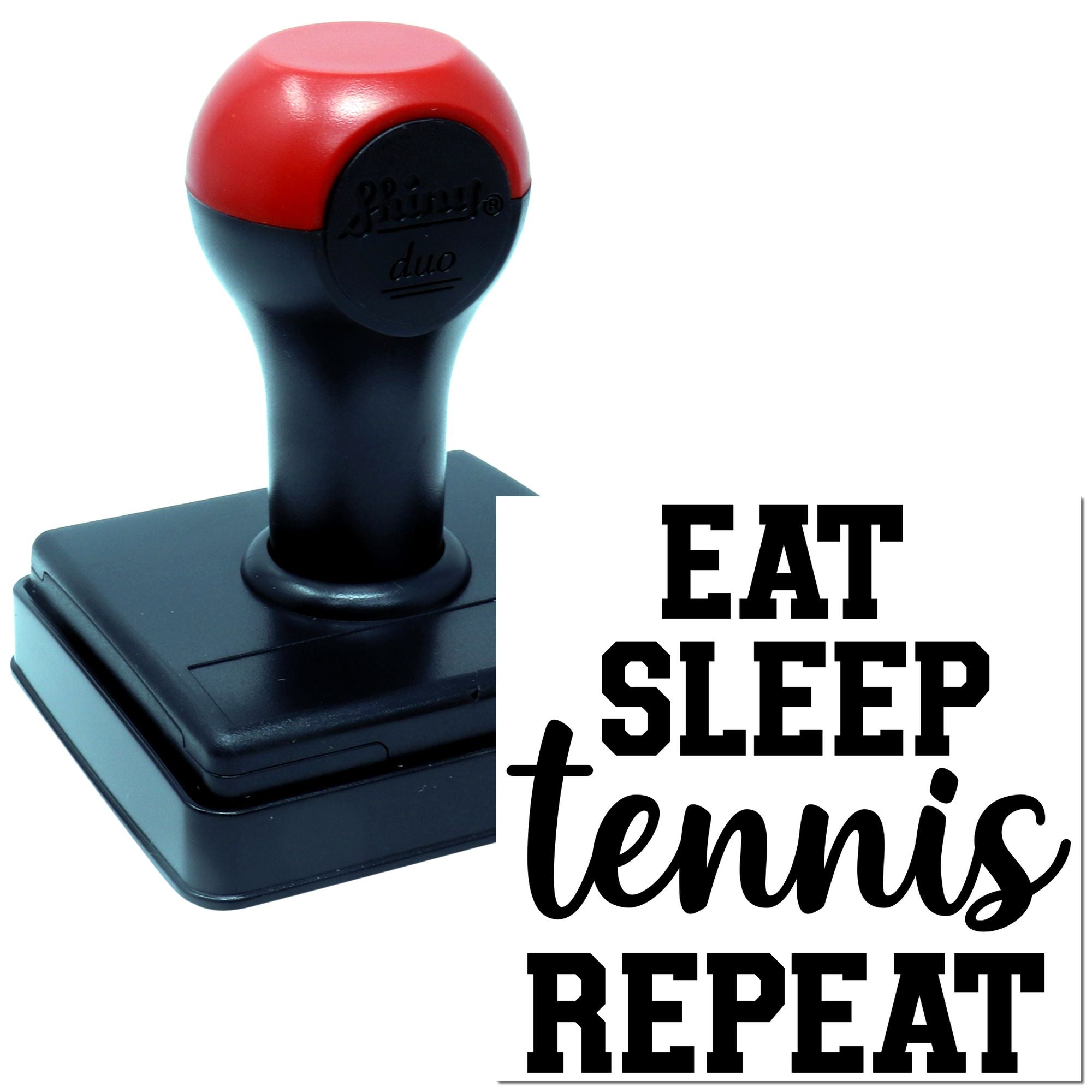 Custom self-inking rubber stamp with EAT SLEEP tennis REPEAT design for tennis clubs, teachers, and sports crafts.