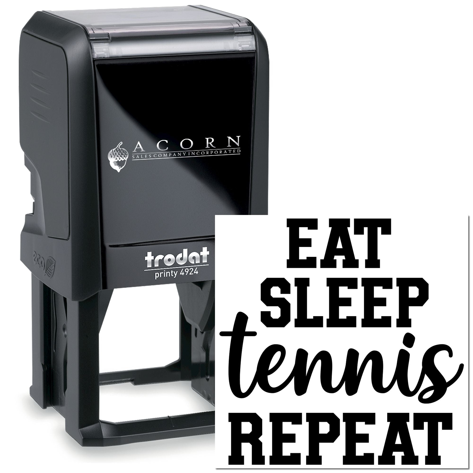 Custom self-inking rubber stamp with Eat Sleep Tennis Repeat design, Trodat Printy 4924 personalized stamp for tennis lovers.