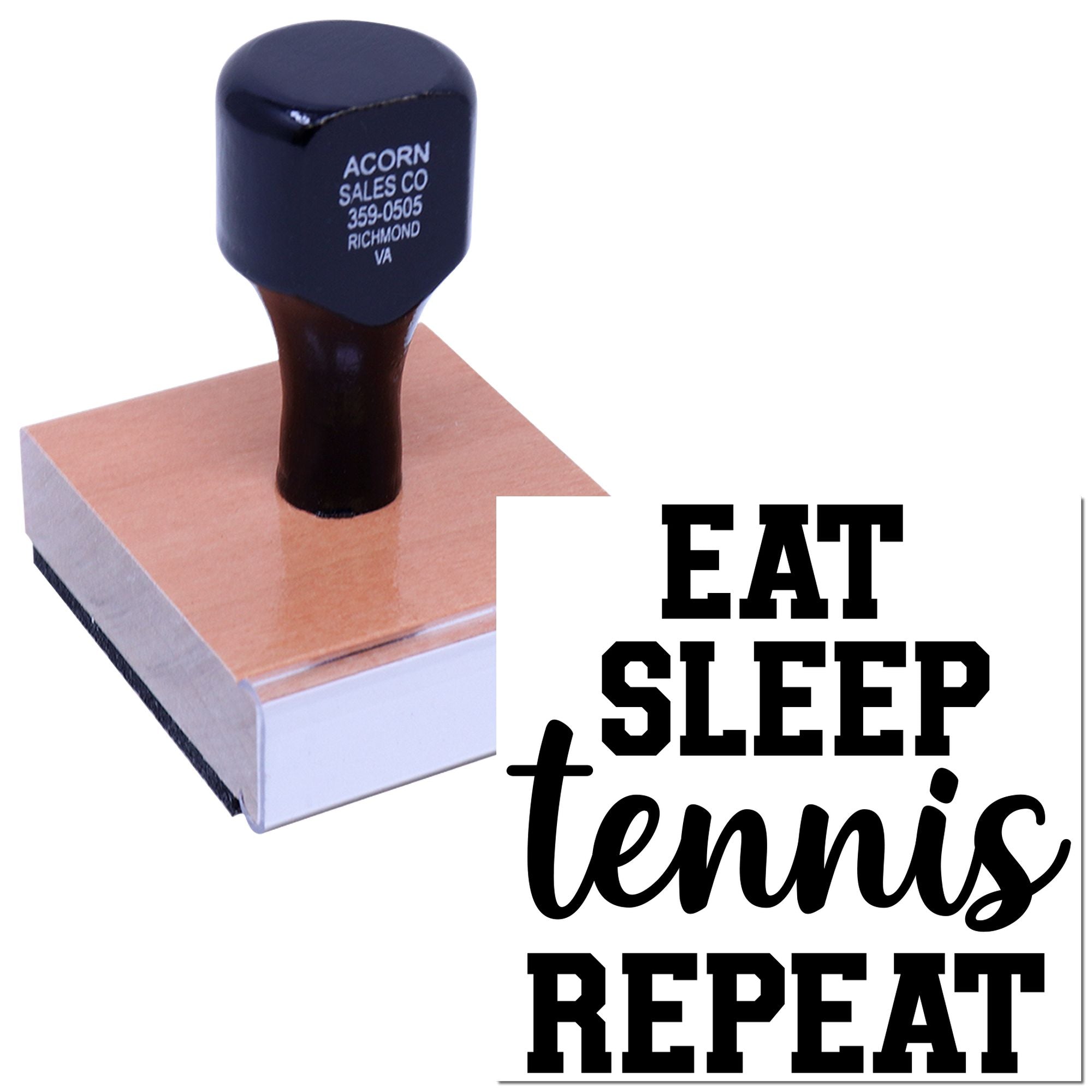 Custom rubber stamp featuring Eat Sleep Tennis Repeat design for tennis-themed crafts and personalized stamping.