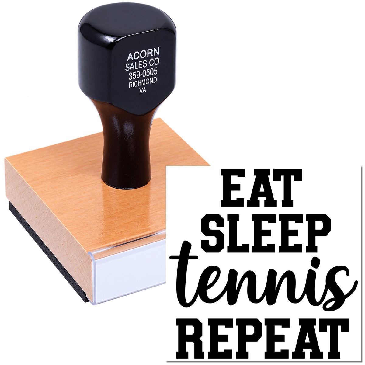 Custom rubber stamp featuring Eat Sleep Tennis Repeat design for tennis-themed crafts and personalized stamping.