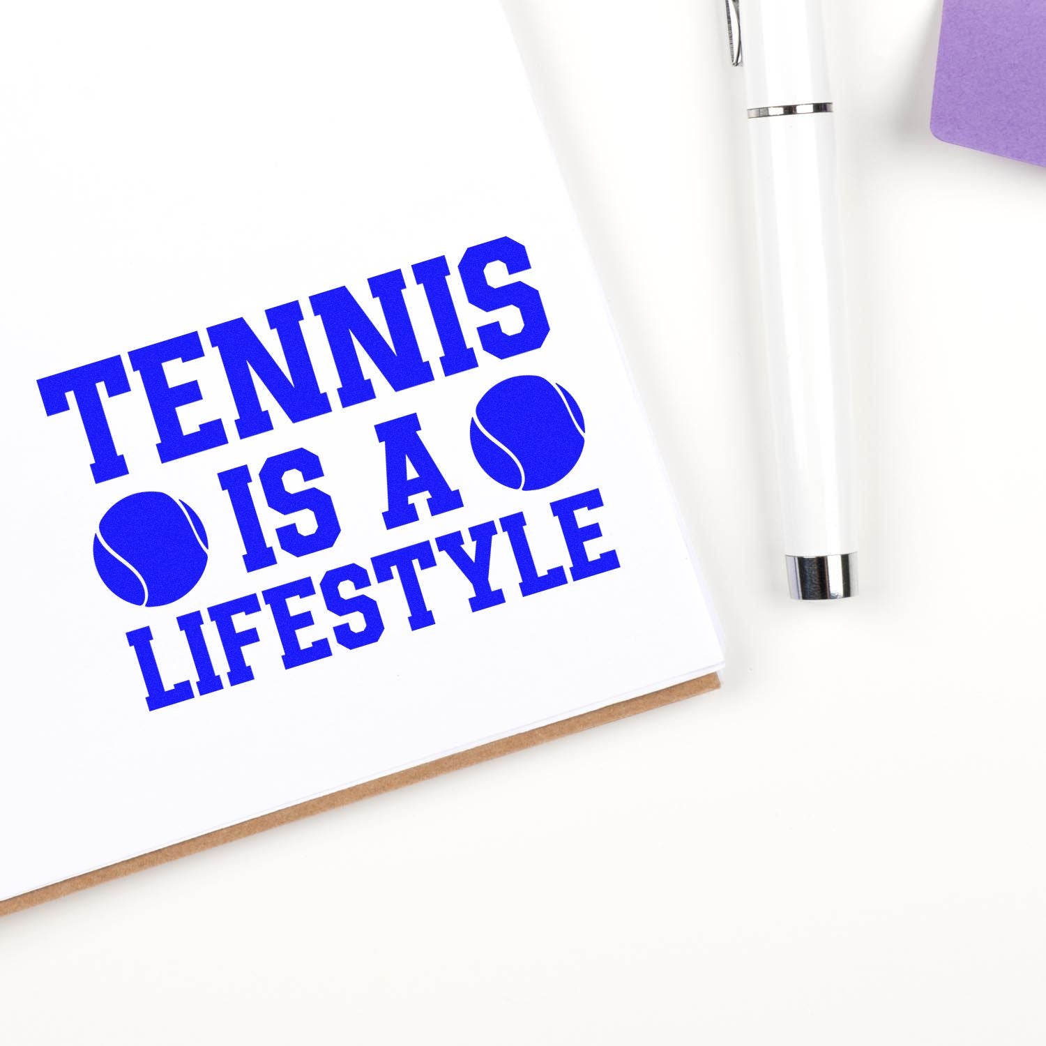 Tennis is a lifestyle rubber stamp design with tennis balls, ideal for sports stationery, clubs, and custom branding.