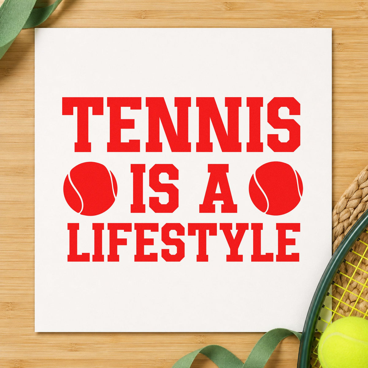 Tennis Is A Lifestyle rubber stamp shown in red ink, stamped for projects such as bin ball labels.