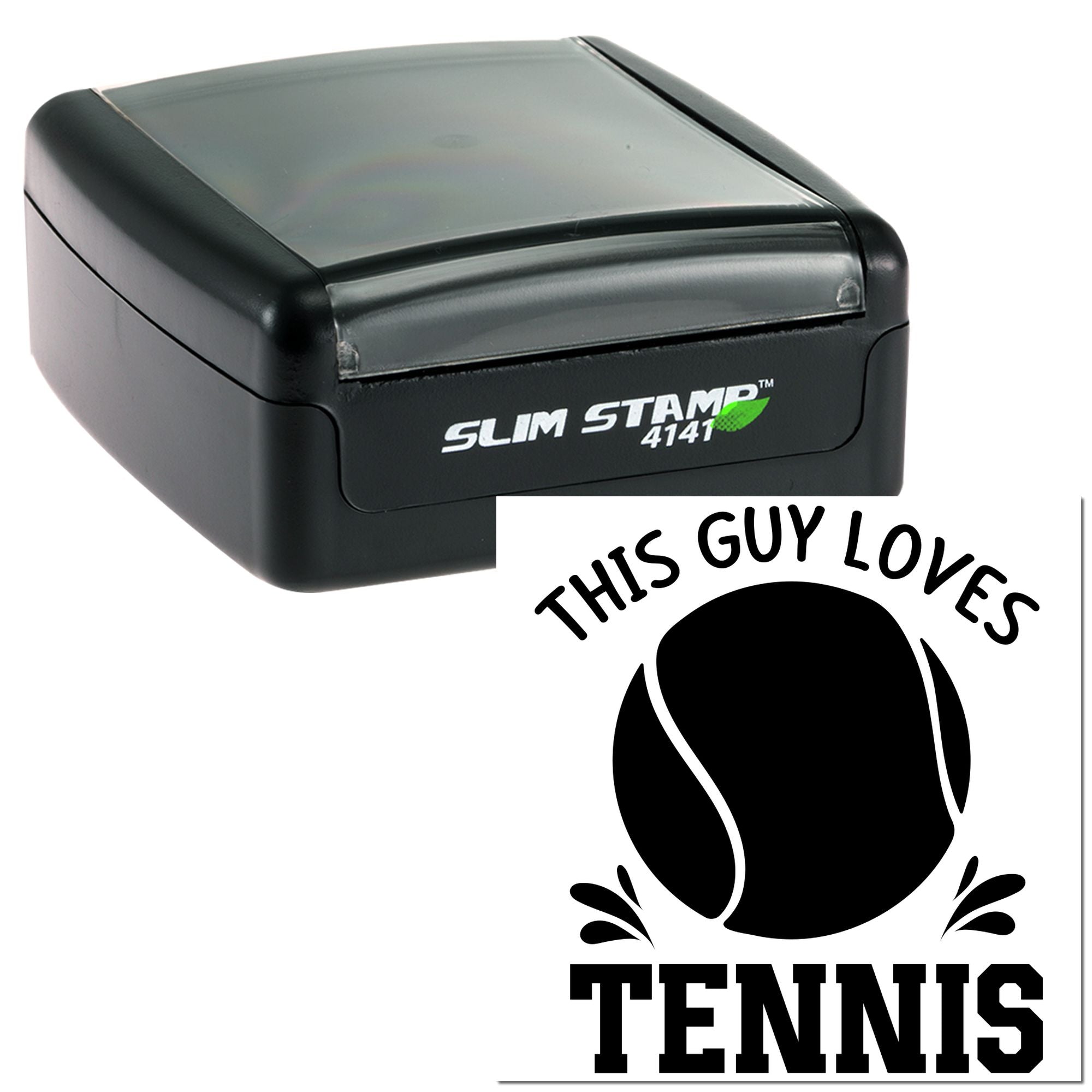 Custom self-inking rubber stamp with tennis This guy loves tennis design, ideal for personalized sports stamps.