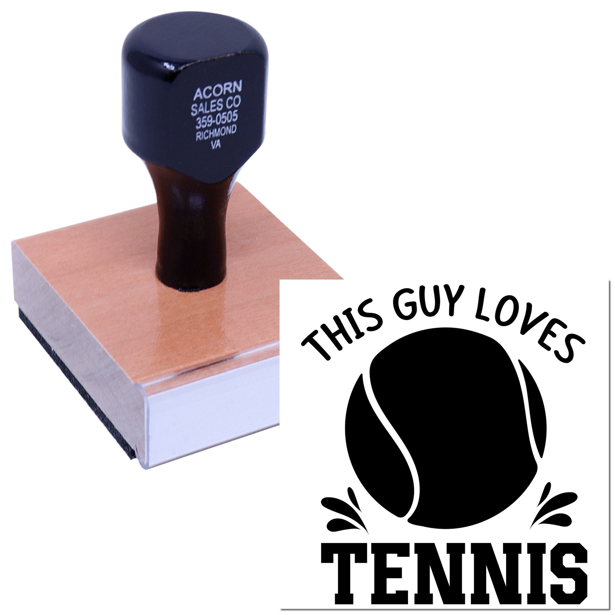 Custom rubber stamp for tennis lovers with This Guy Loves Tennis logo for sports-themed crafting and packaging.