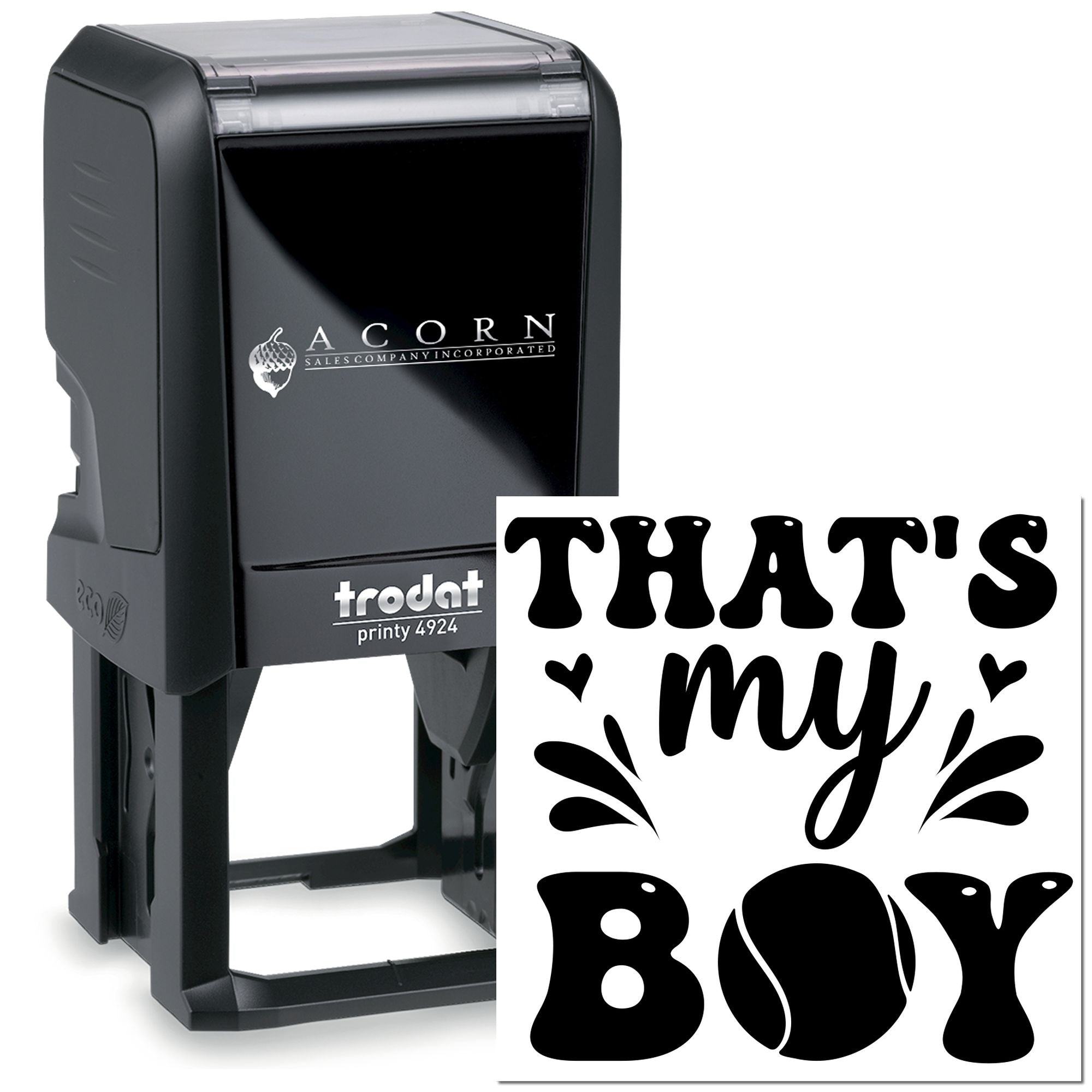 Personalized Trodat Printy 4924 self-inking rubber stamp with Thats My Boy design for custom baby announcement.