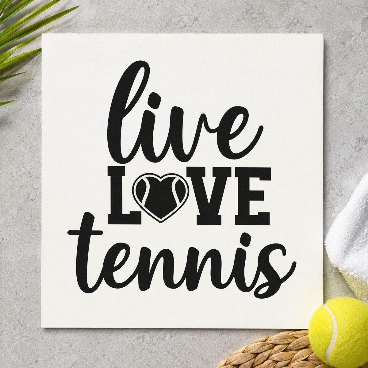 Live Love Tennis Heart craft stamp in black ink on cardstock, an easy option for board year album page.