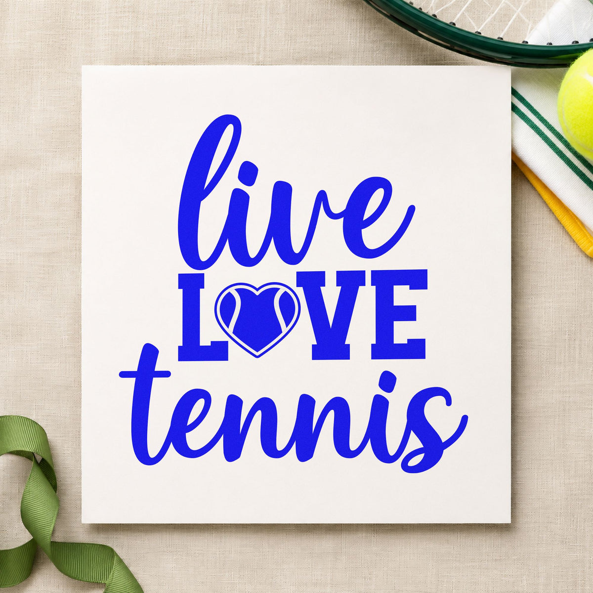 Live Love Tennis Heart craft stamp in blue ink on cardstock, an easy option for board skirt printing.