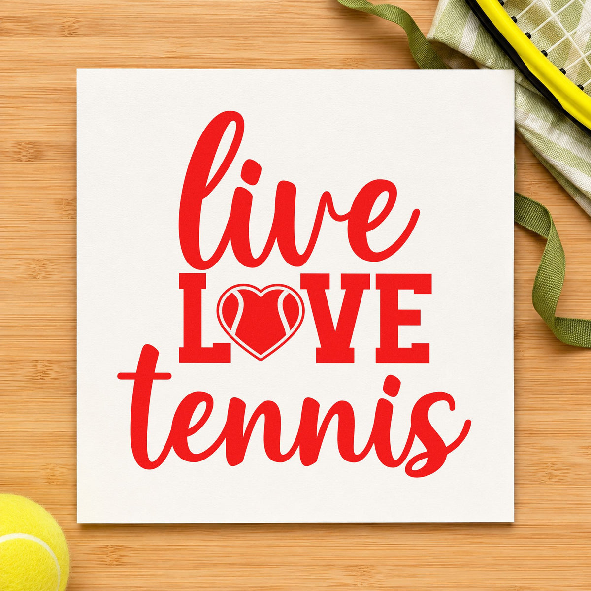 Live Love Tennis Heart rubber stamp shown in red ink, stamped for projects such as bin pin labels.