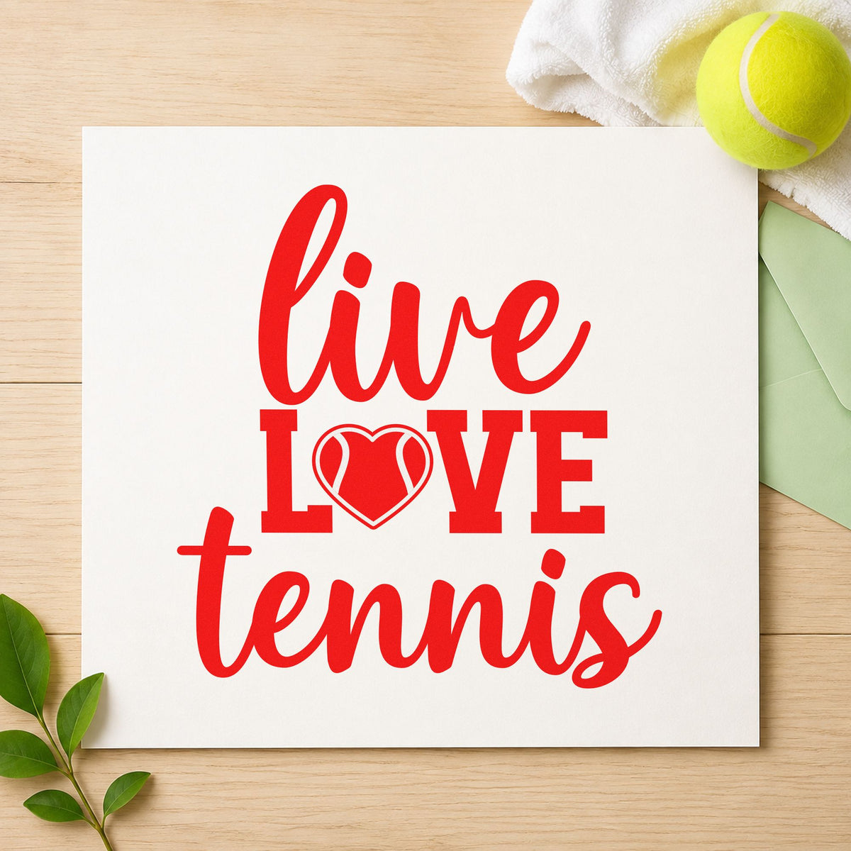 Live Love Tennis Heart craft stamp imprint in red ink on a handmade project, one idea being blank notice cards.