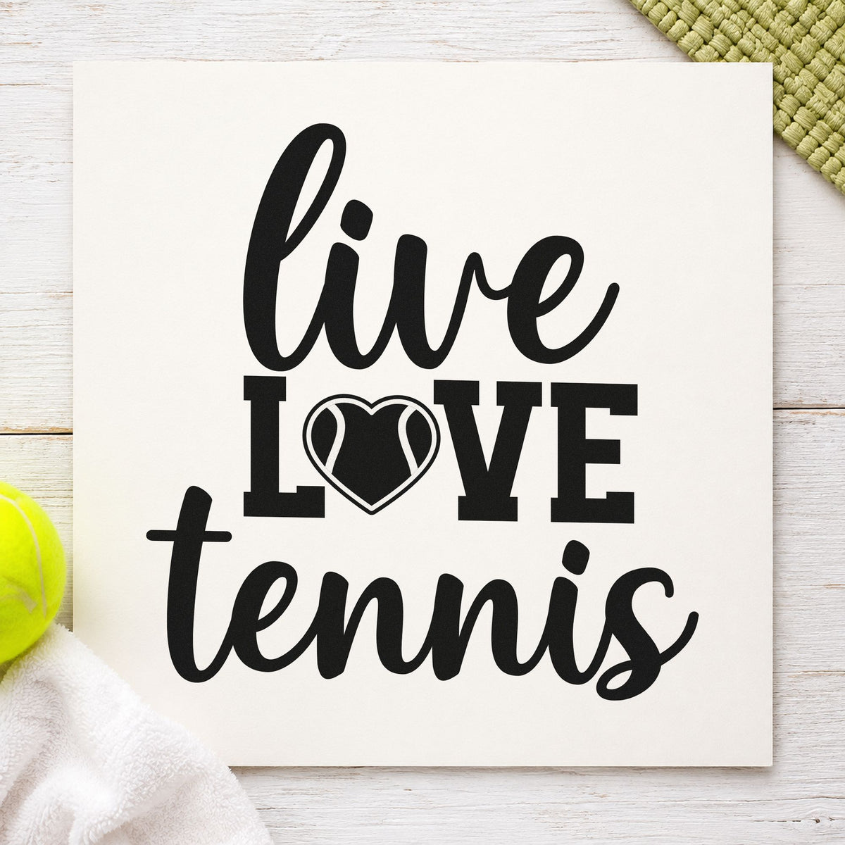 Live Love Tennis Heart rubber stamp printed in black ink, ready for heart ball cards and similar paper crafts.