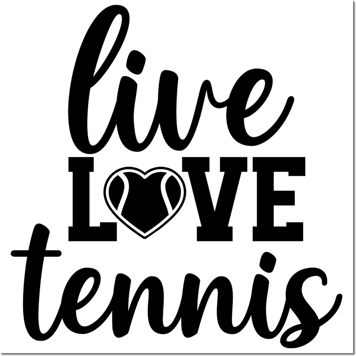 Live Love Tennis rubber stamp design with heart icon, perfect for tennis crafts, gifts, and sports-themed projects.