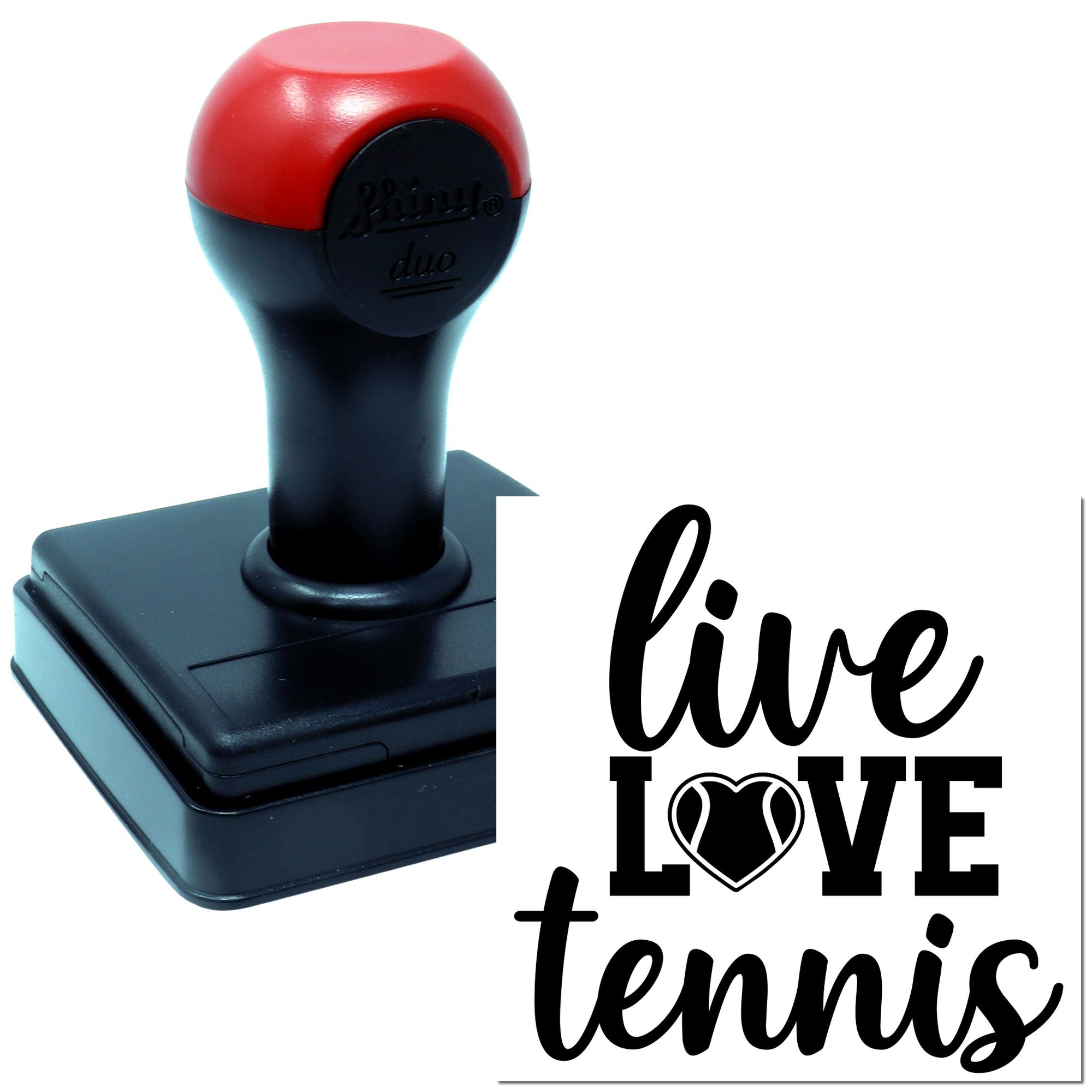 Self-inking rubber stamp with Live Love Tennis design for tennis clubs, gifts, and custom crafting.