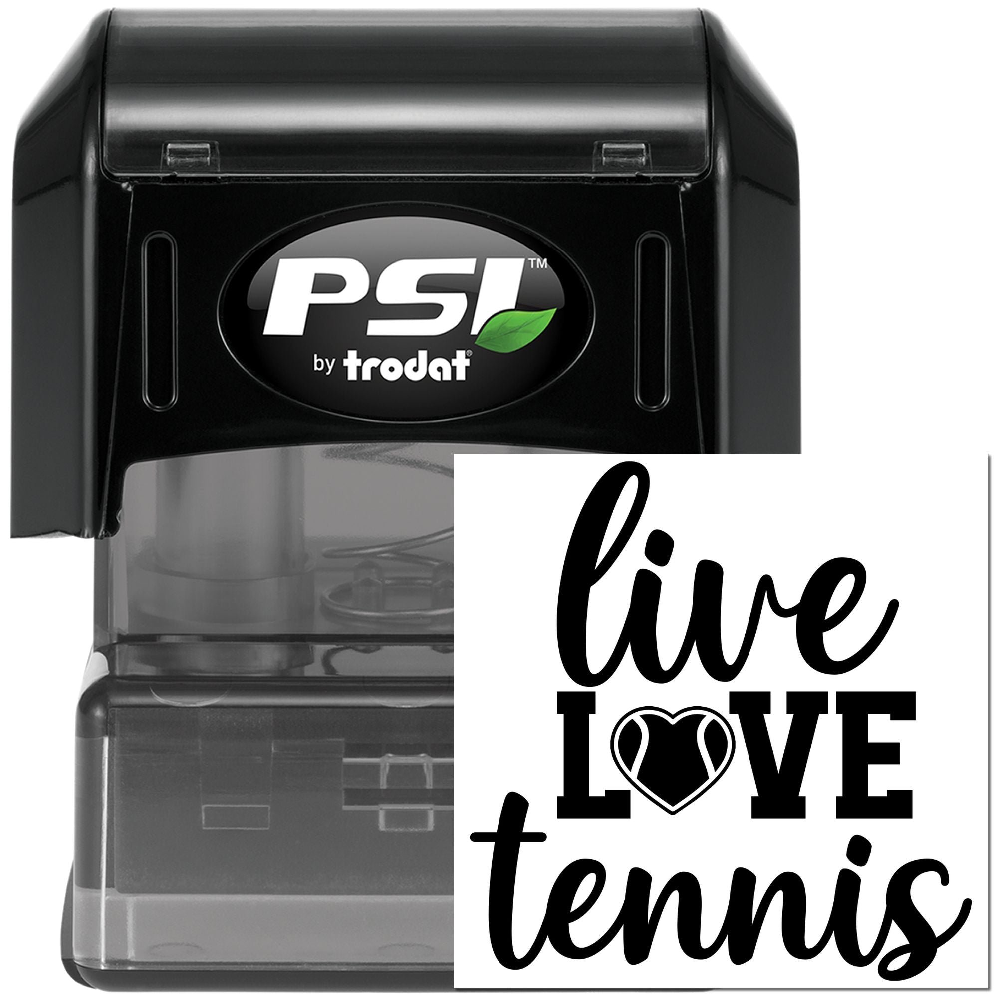 Self-inking PSI by Trodat rubber stamp with Live Love Tennis design for custom tennis-themed crafts and personalized impressions