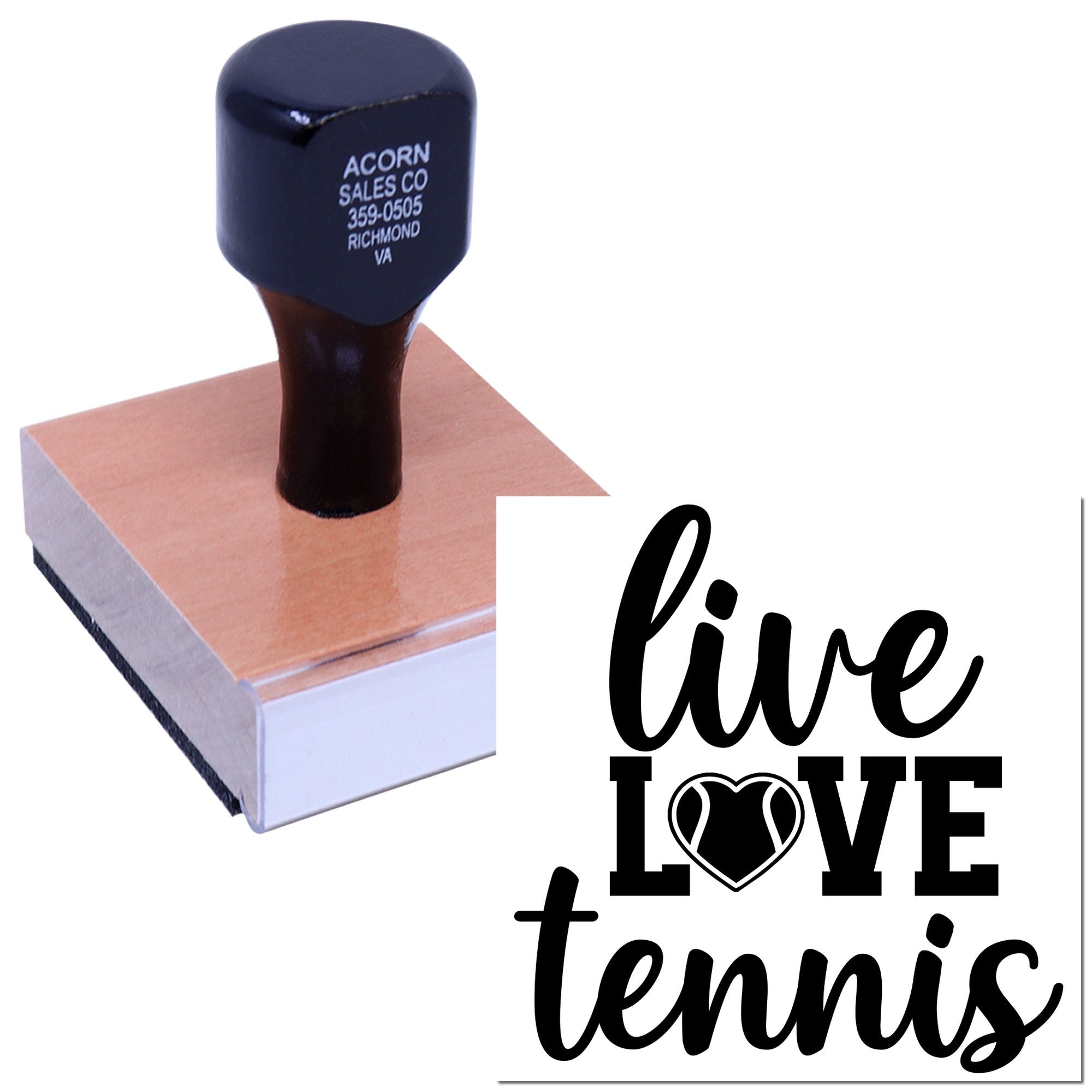 Custom rubber stamp with Live Love Tennis design for personalized tennis-themed crafts and stationery.