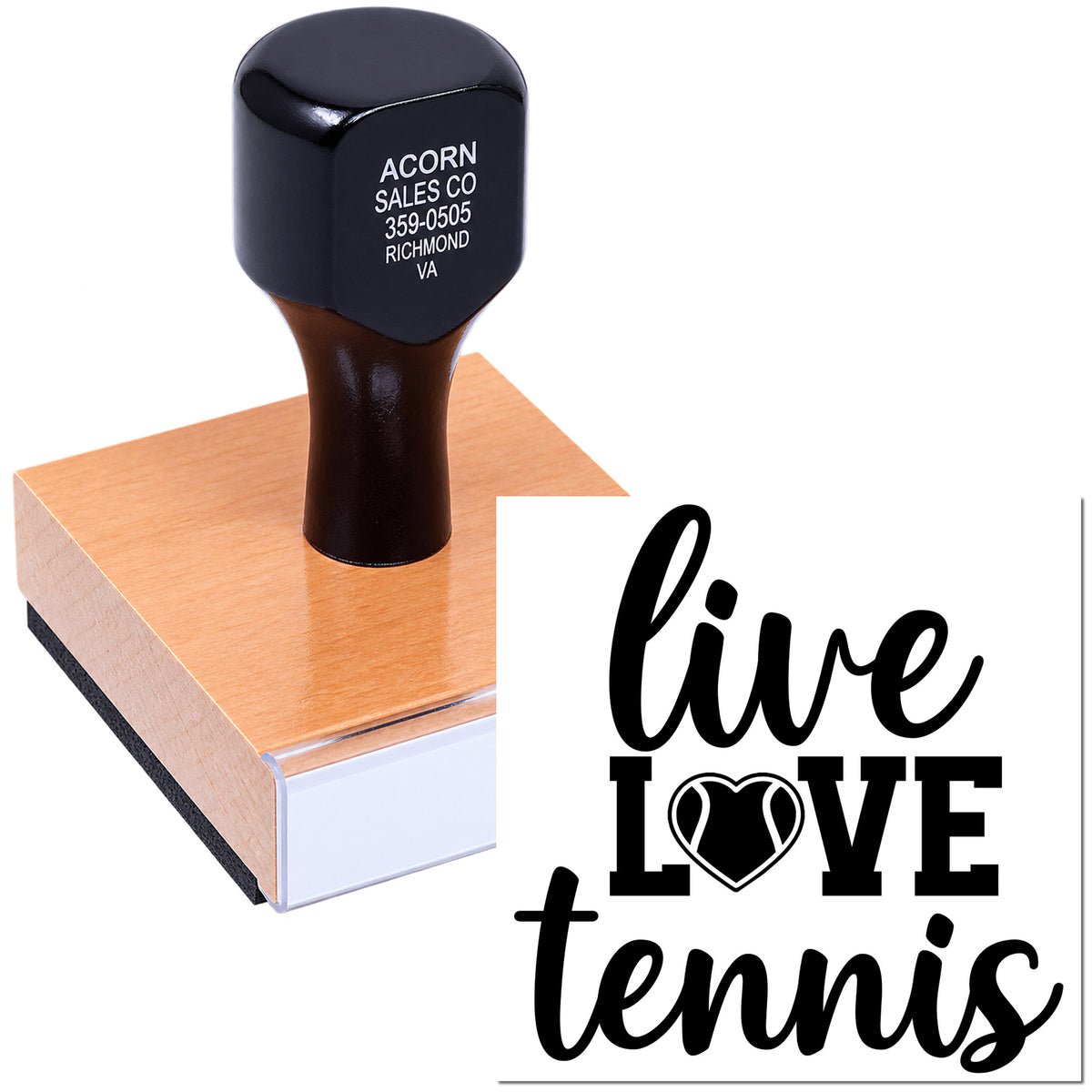 Custom rubber stamp with Live Love Tennis design for personalized tennis-themed crafts and stationery.