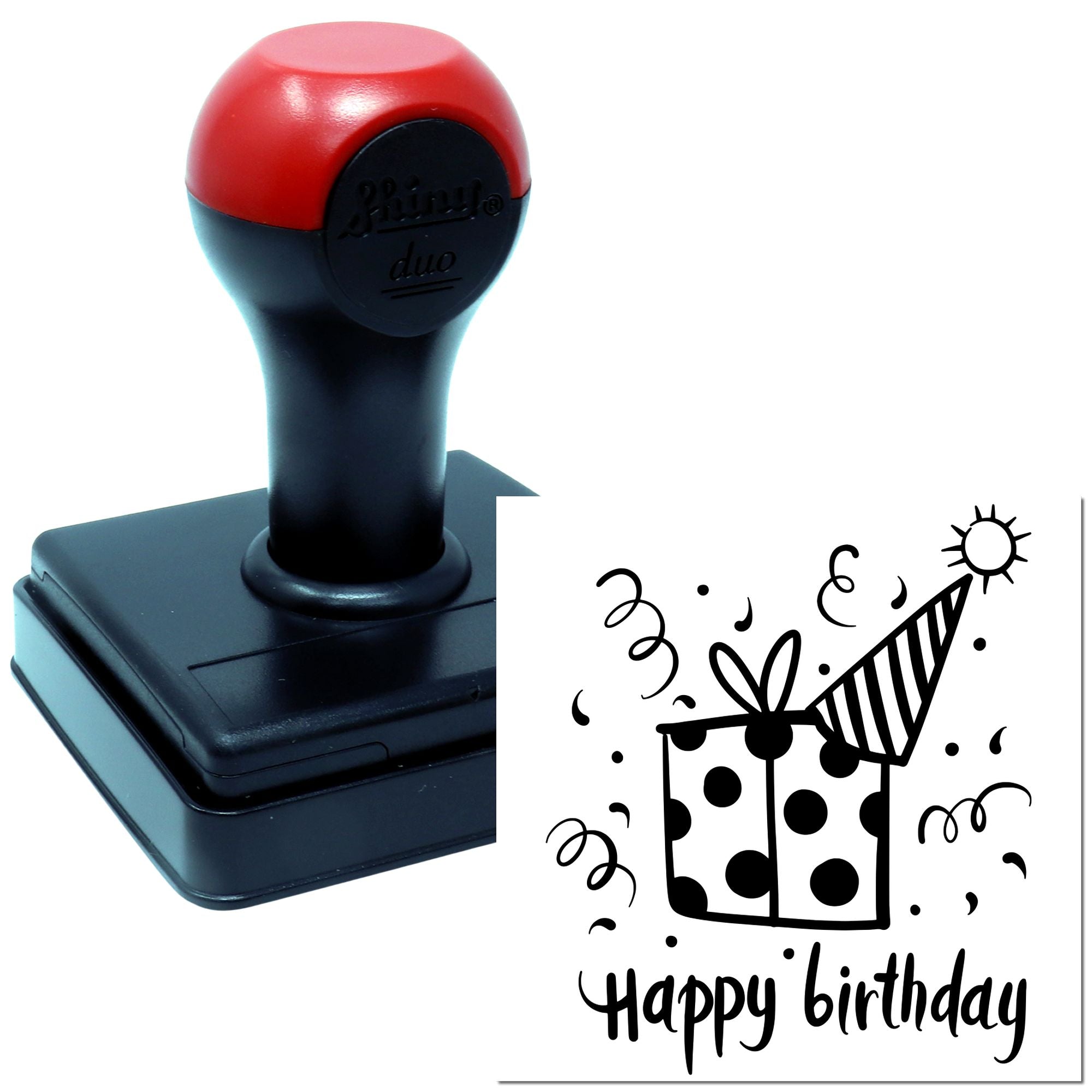 Self-inking Happy Birthday rubber stamp with gift box design, ideal for greeting cards, scrapbooking, and party invitations.