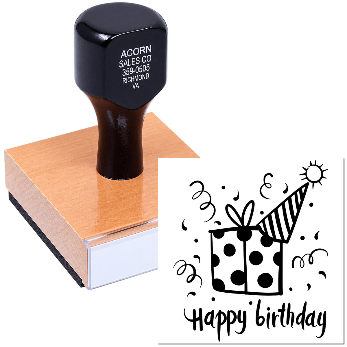 Custom rubber stamp with happy birthday gift design for party cards, invitations, and gift tags