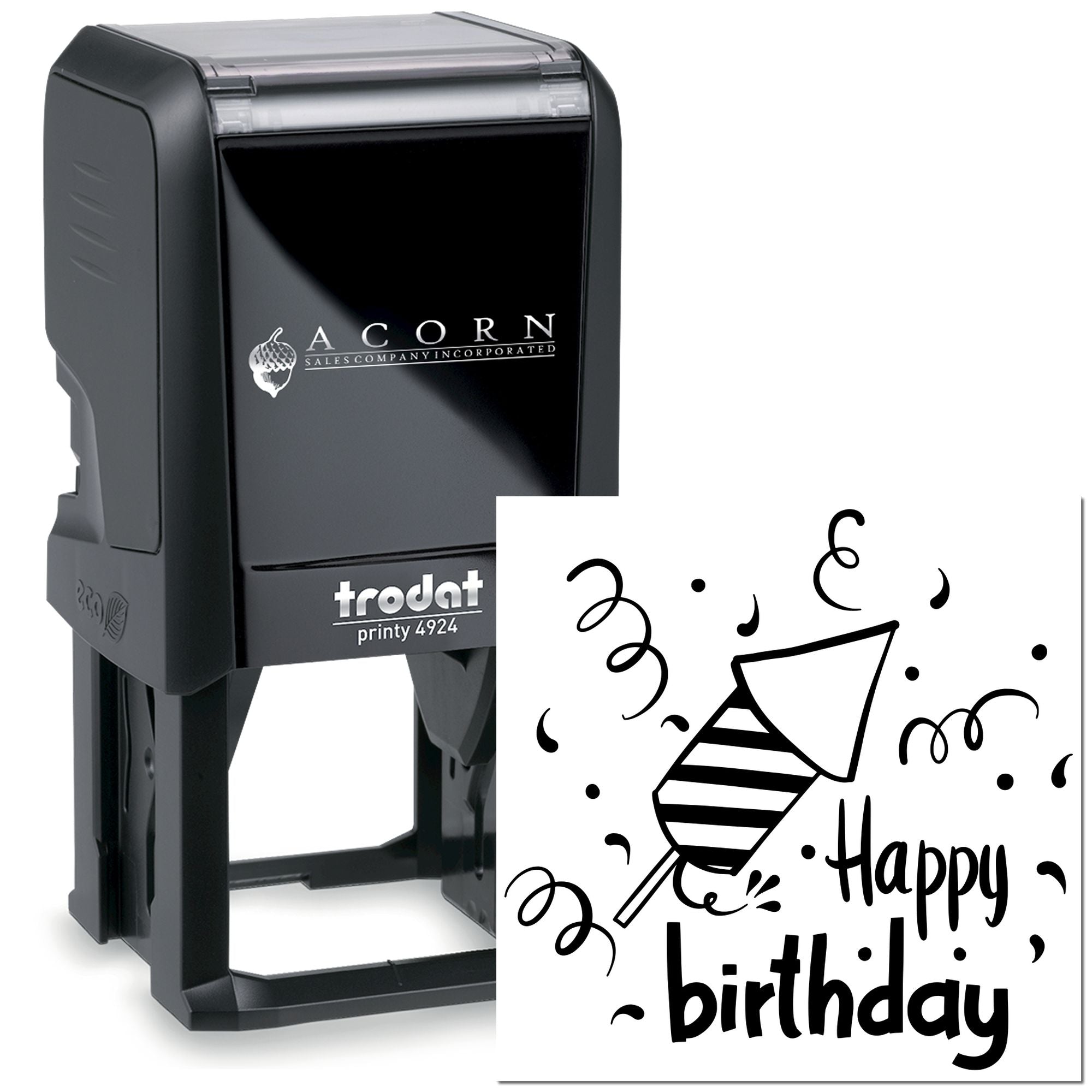 Trodat Printy self-inking rubber stamp with custom Happy Birthday design for cards, invitations, and party favors.