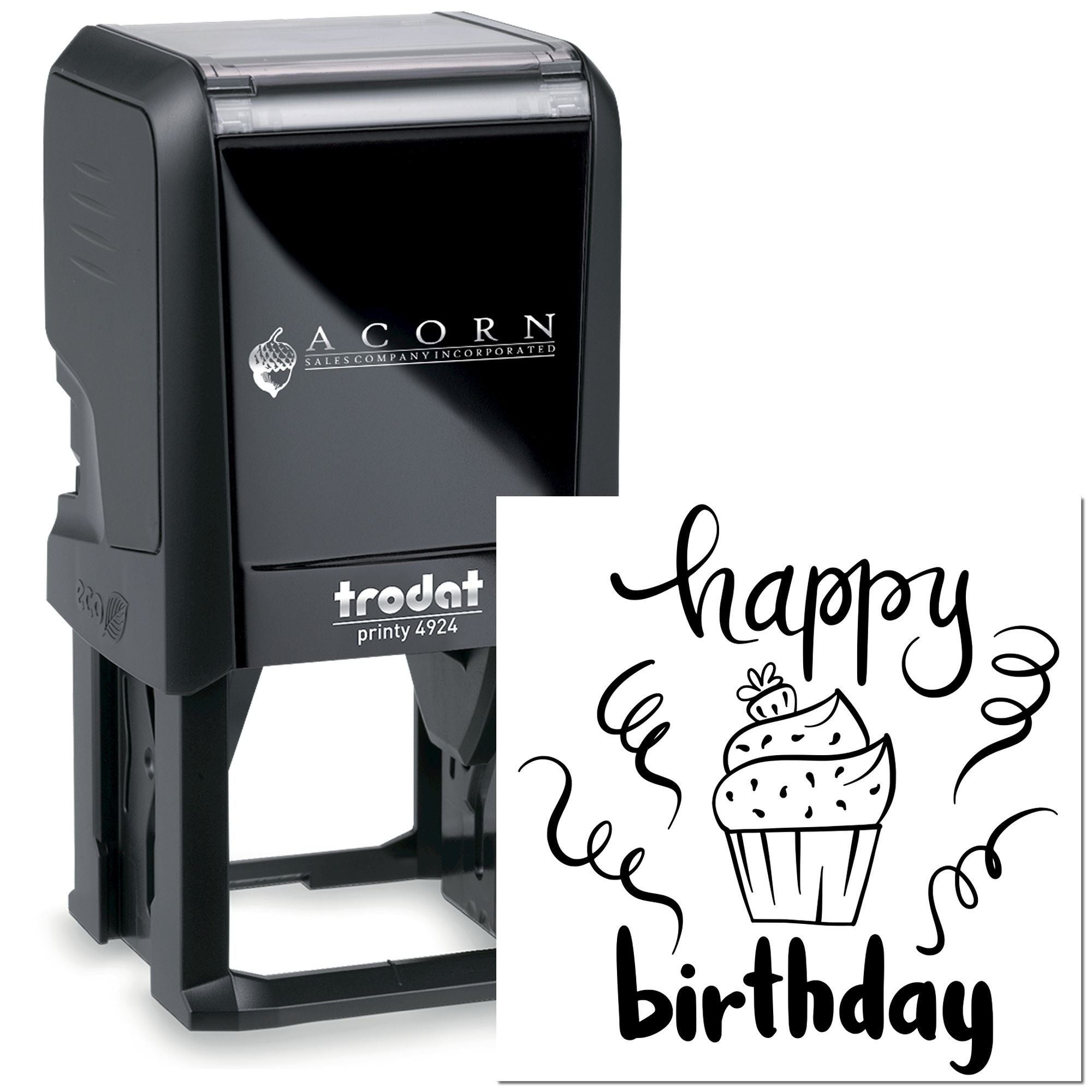 Happy birthday cupcake rubber stamp design on a self-inking Trodat custom stamp for birthday cards, gifts and packaging.