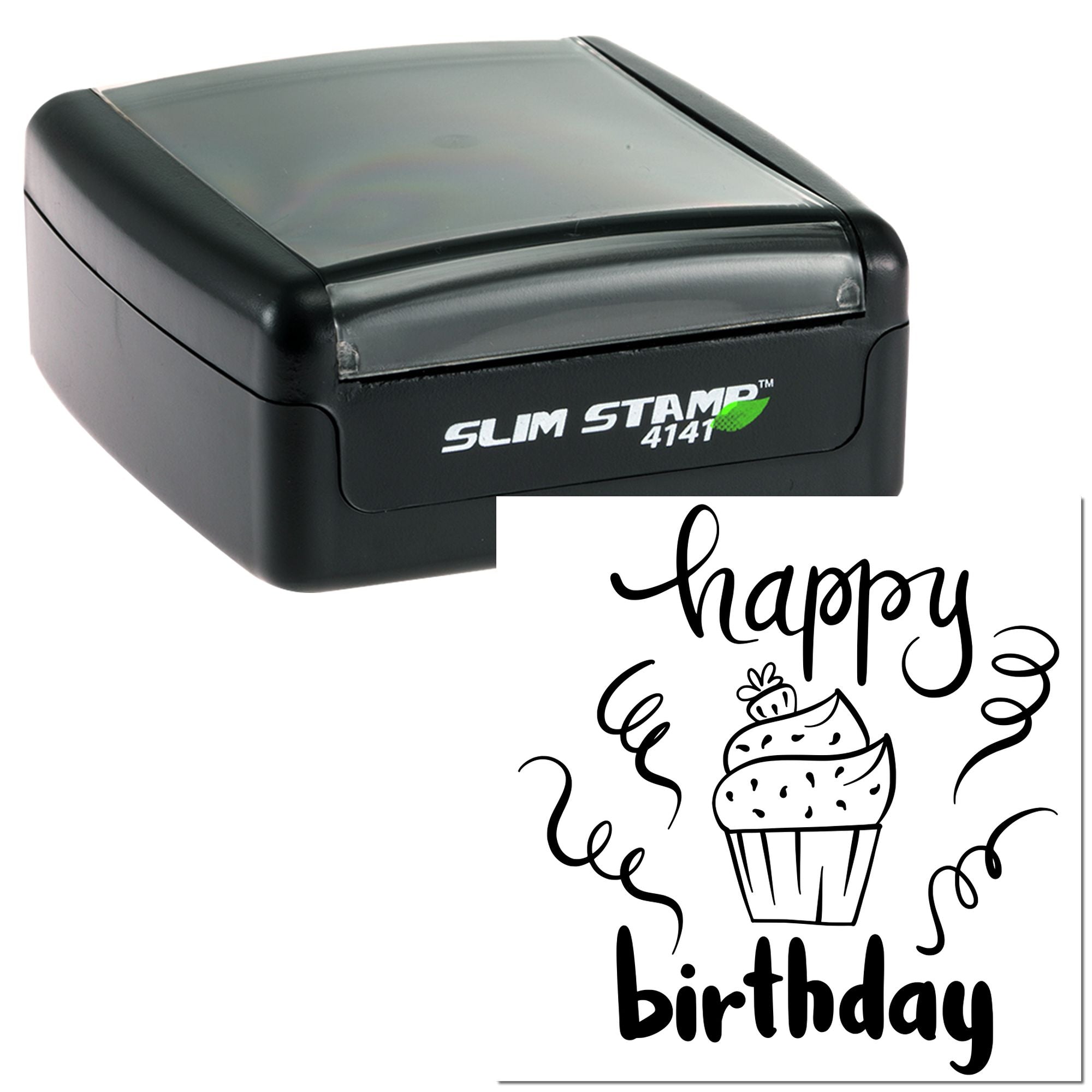 Slim Stamp 4141 custom rubber stamp with Happy Birthday cupcake design for birthday cards, crafts, and party favors.