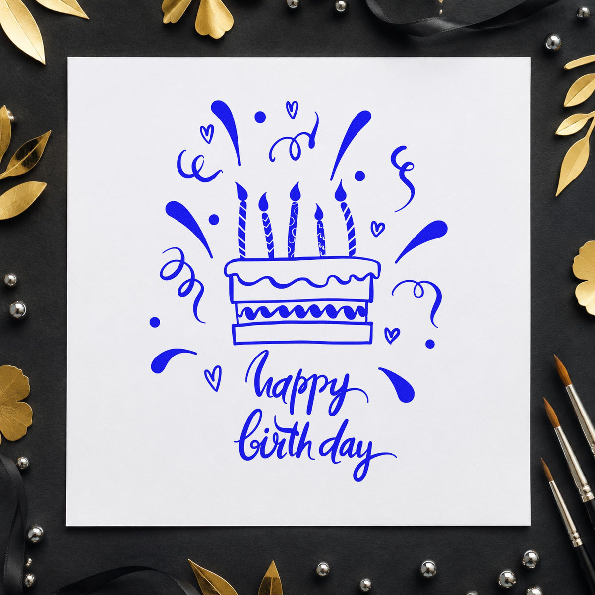 Birthday Candle Cake Confetti craft stamp imprinted in blue ink on paper, a design suited to framed break room.