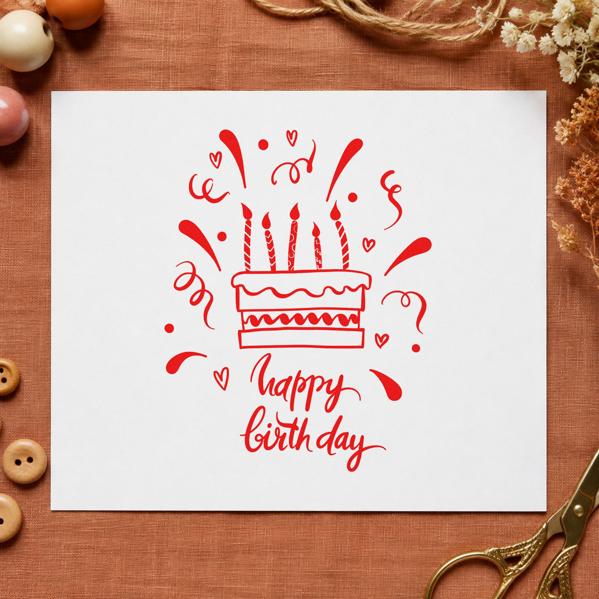 Birthday Candle Cake Confetti craft stamp imprint in red ink on a handmade project, one idea being group sign cards.