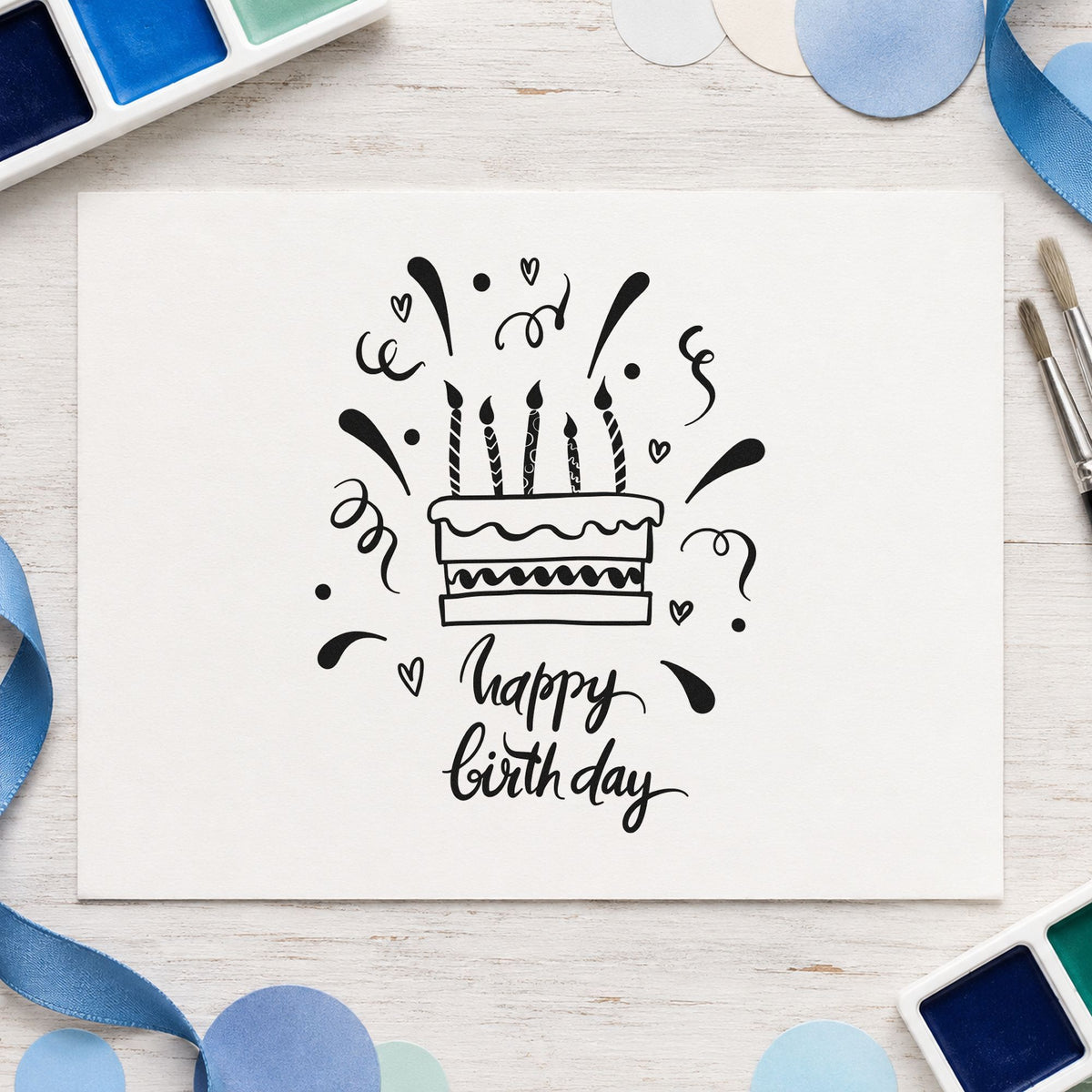 Birthday Candle Cake Confetti rubber stamp printed in black ink, ready for hearts confetti cards and similar paper crafts.