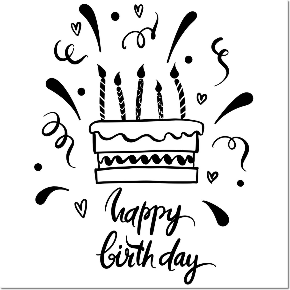 Happy Birthday rubber stamp design with candle cake, confetti, and hearts for card making, scrapbooking, and party crafts.