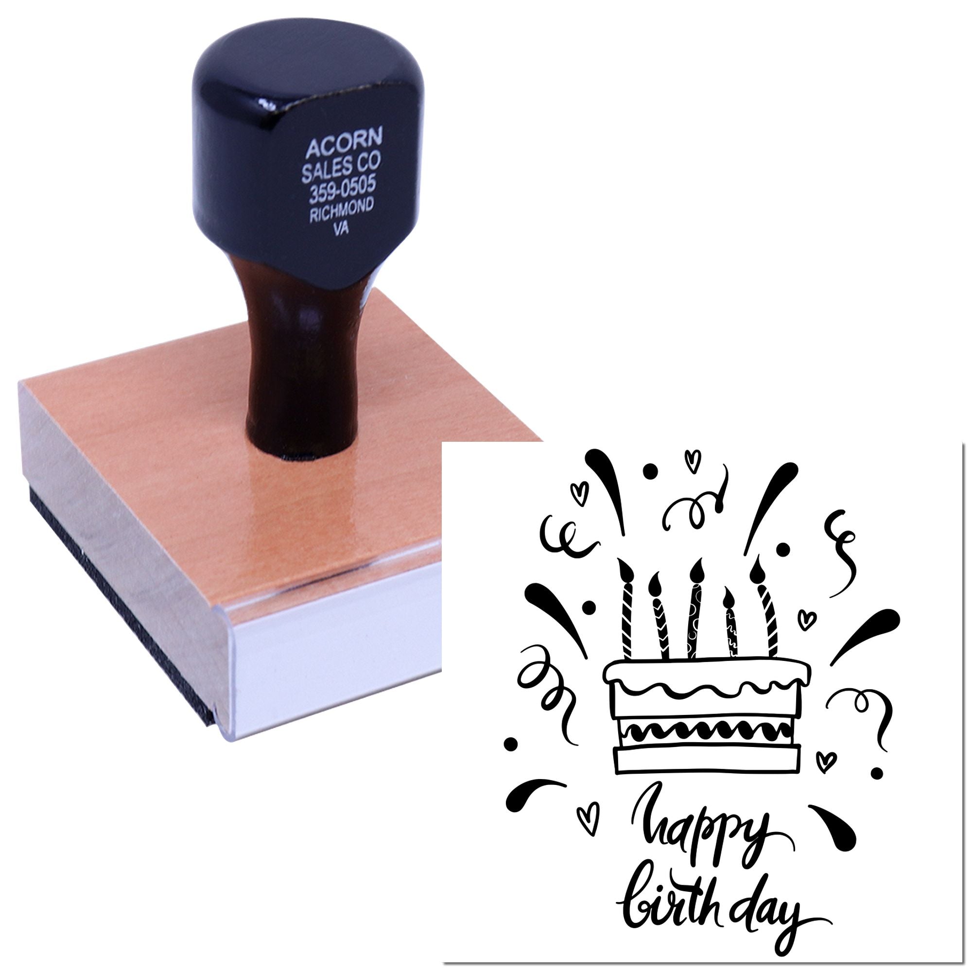 Custom birthday rubber stamp with happy birthday cake design for cards, invitations, and scrapbooking