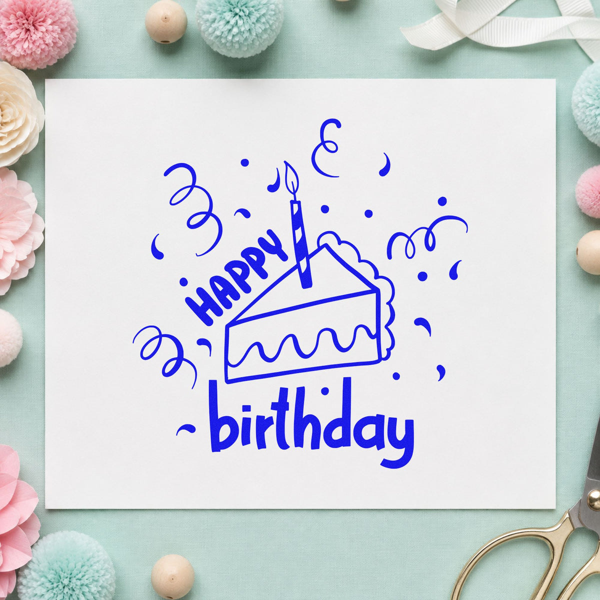 Birthday Cake Slice Candle craft stamp imprinted in blue ink on paper, a design suited to framed dining nook.