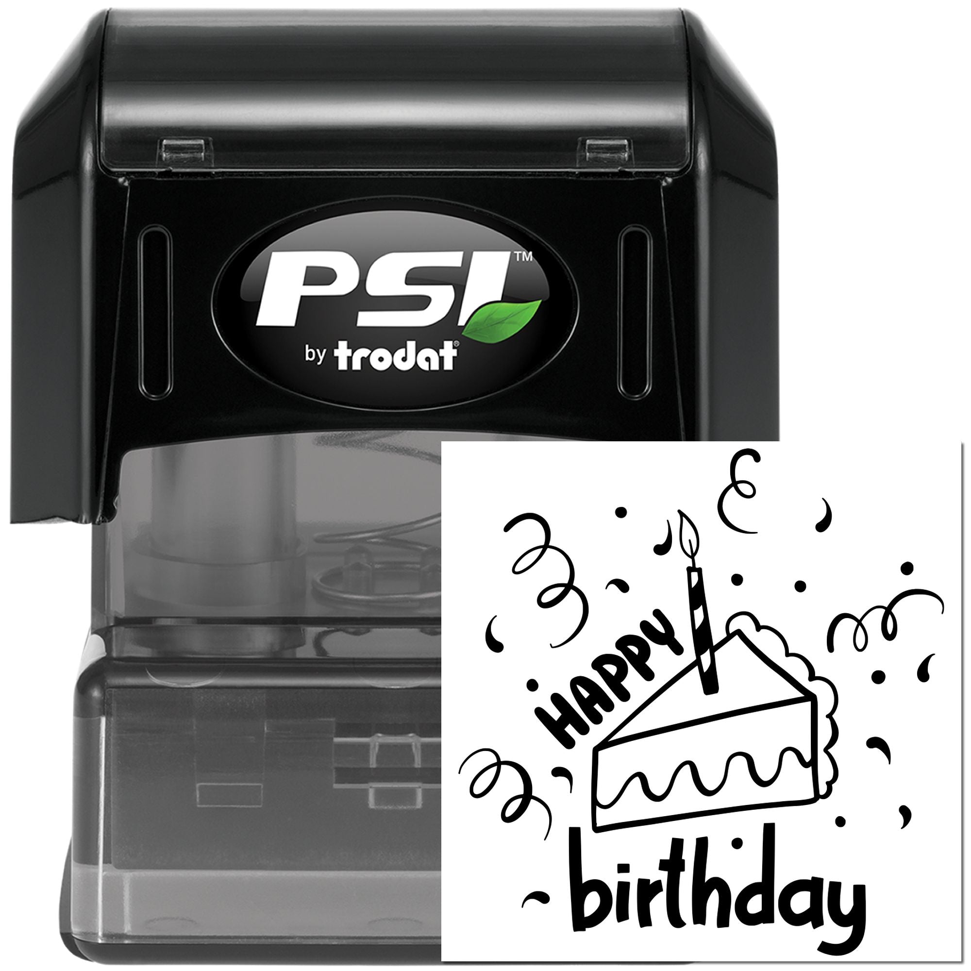PSI by Trodat self-inking rubber stamp with birthday cake design for custom birthday cards and party invitations.