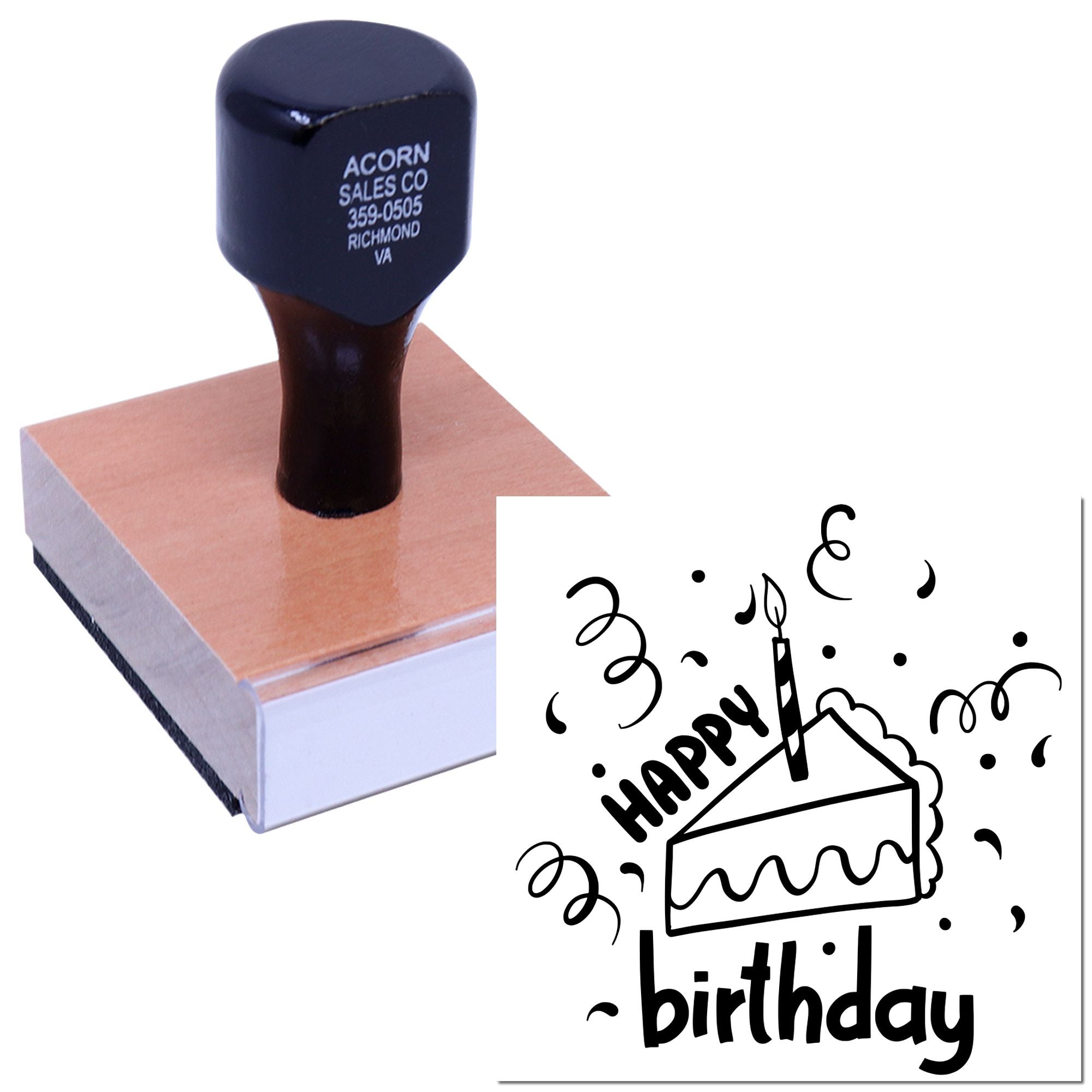Custom rubber birthday stamp with Happy Birthday cake design for invitations, cards, and party packaging