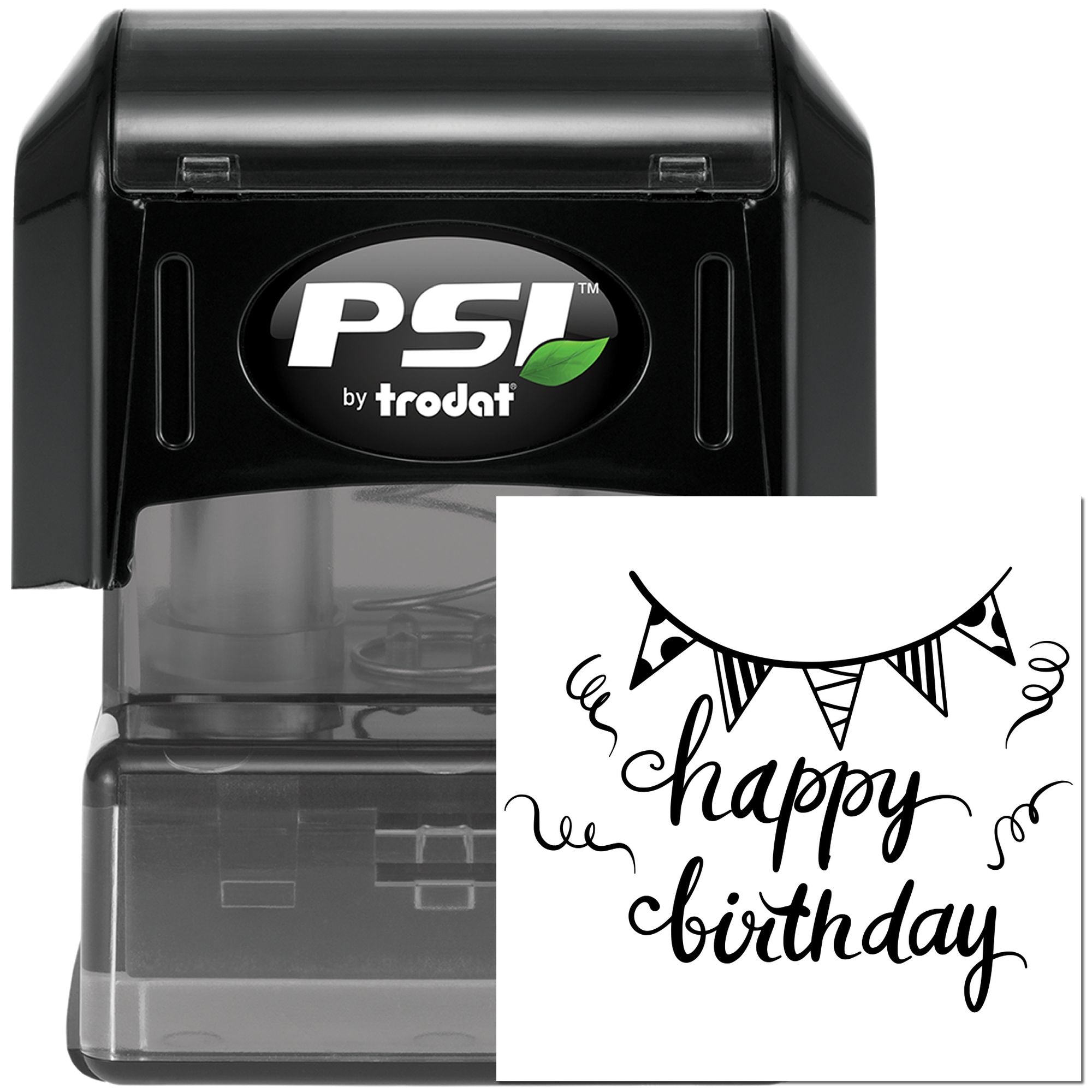 PSI by Trodat self-inking rubber stamp with custom happy birthday design for cards, gifts, and party favors.