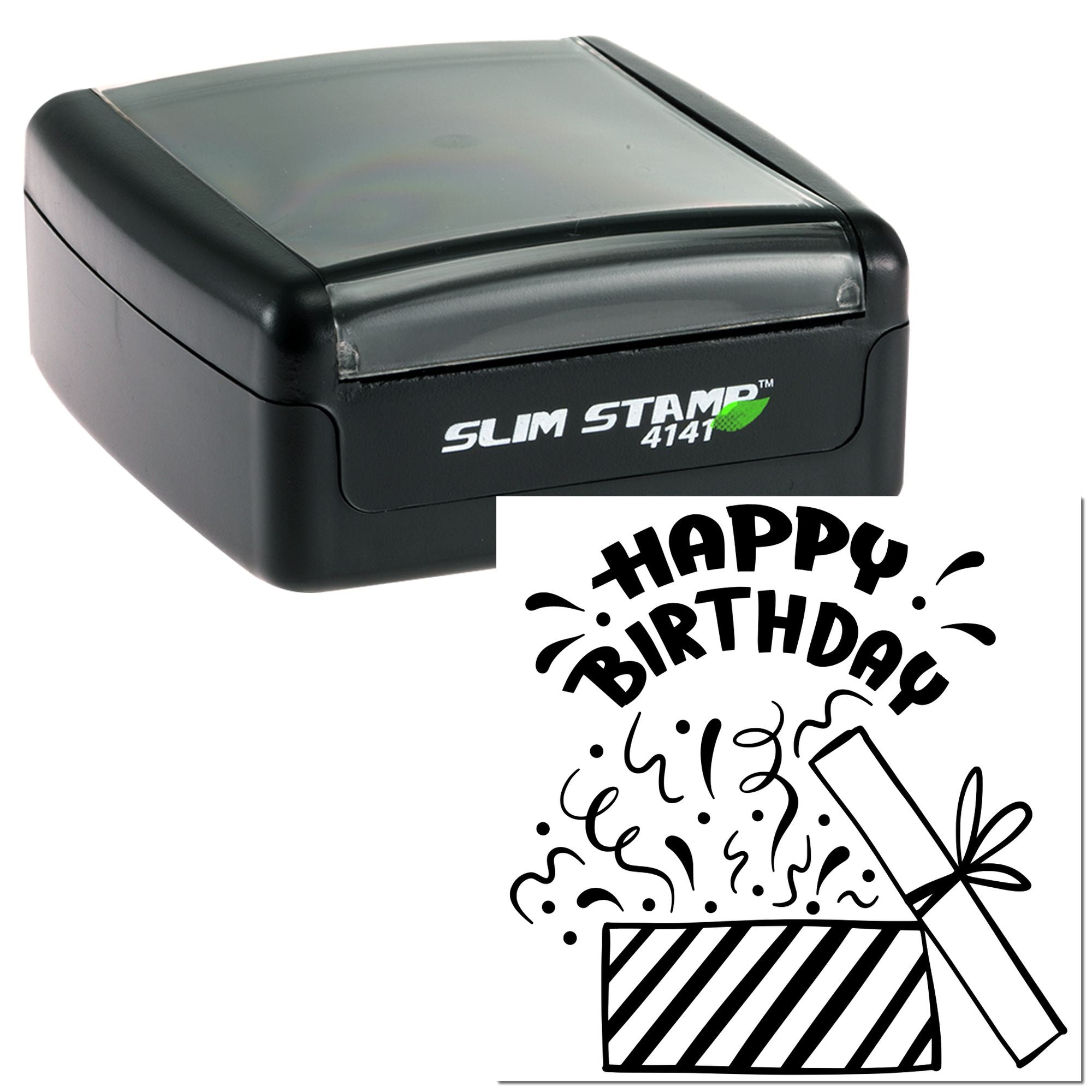 Slim Stamp 4141 self-inking rubber stamp with Happy Birthday gift design for custom birthday card stamping.